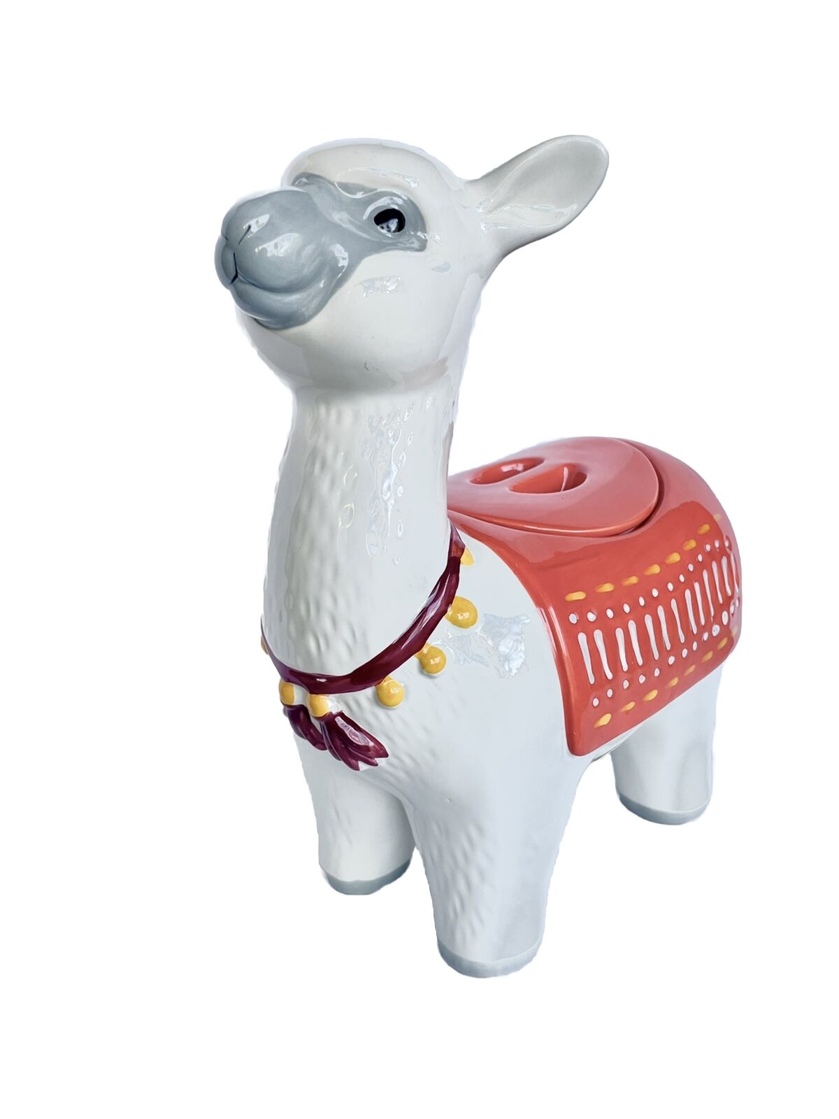 Stoneware Llama Alpaca Ceramic Cookie Jar 11” Tall White Fiesta Red & Orange