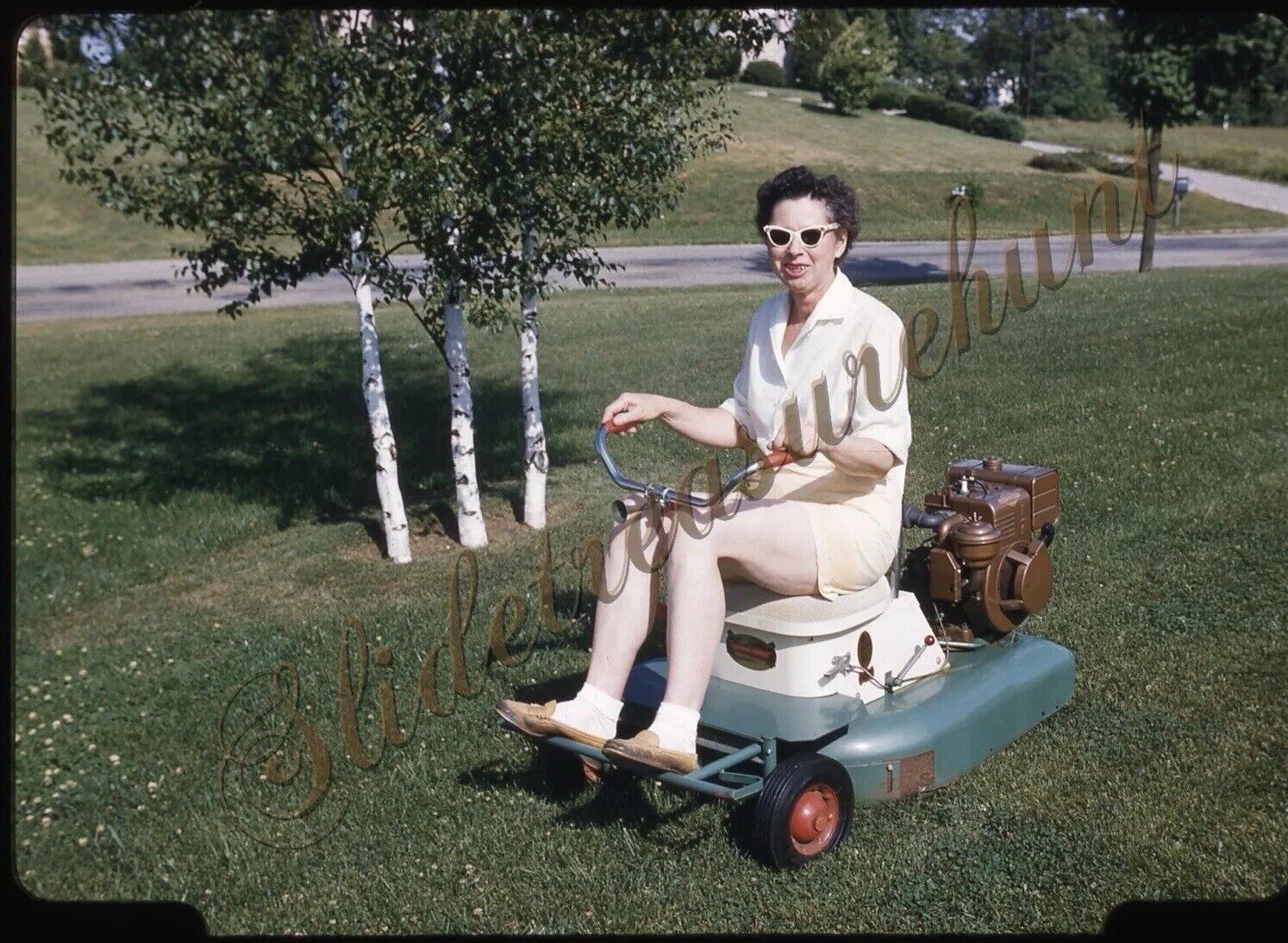 Woman Snappin Turtle Riding Lawnmower 35mm Slide 1960s Kodachrome Mower