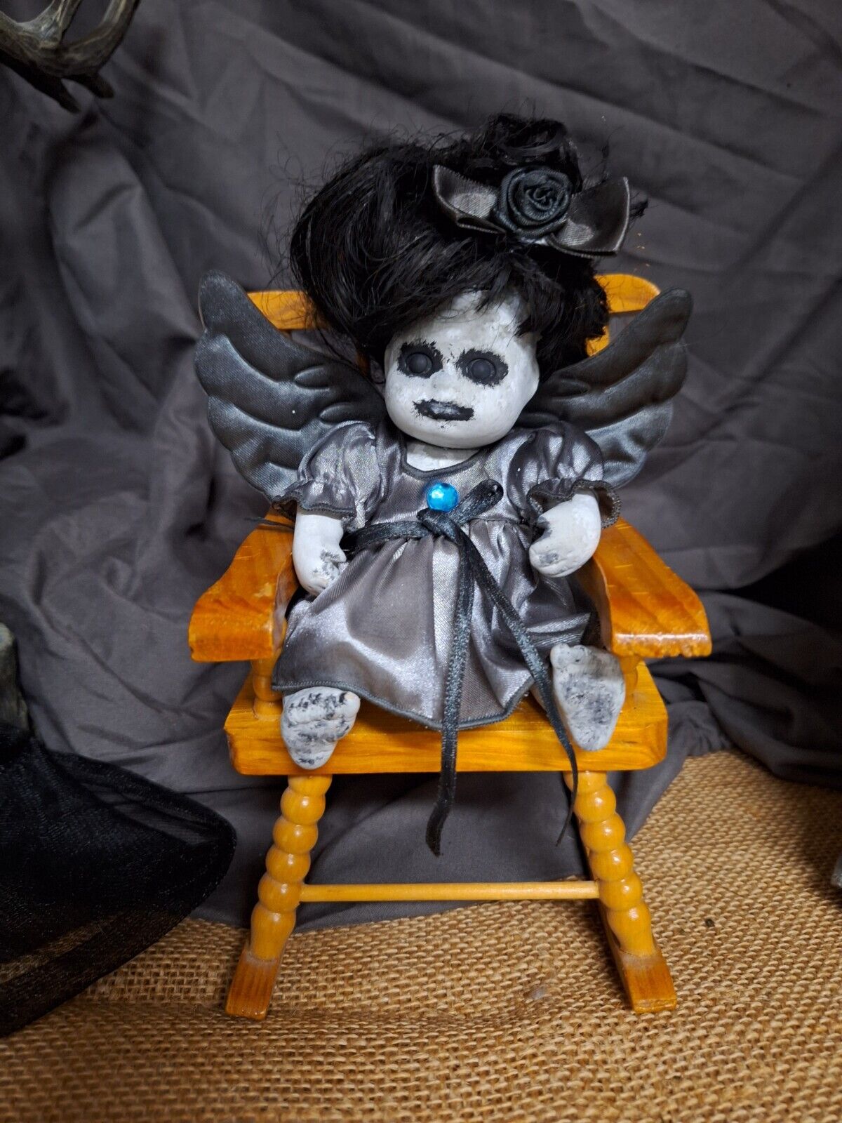 OOAK Goth Angel Doll In Rocking Chair, 5 In Tall, Handmade, Halloween Prop