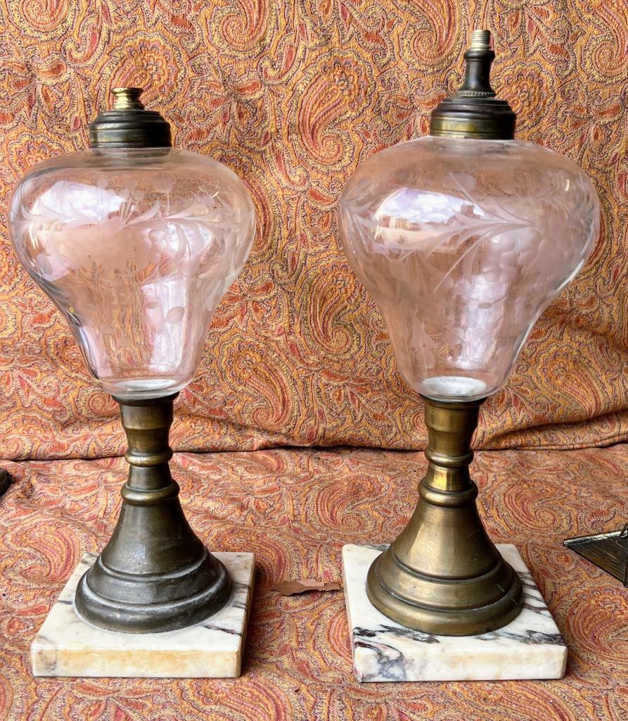 Matched Pair of Two 2 Set Antique Cut Glass Oil Light Lamp Lamps Marble Brass