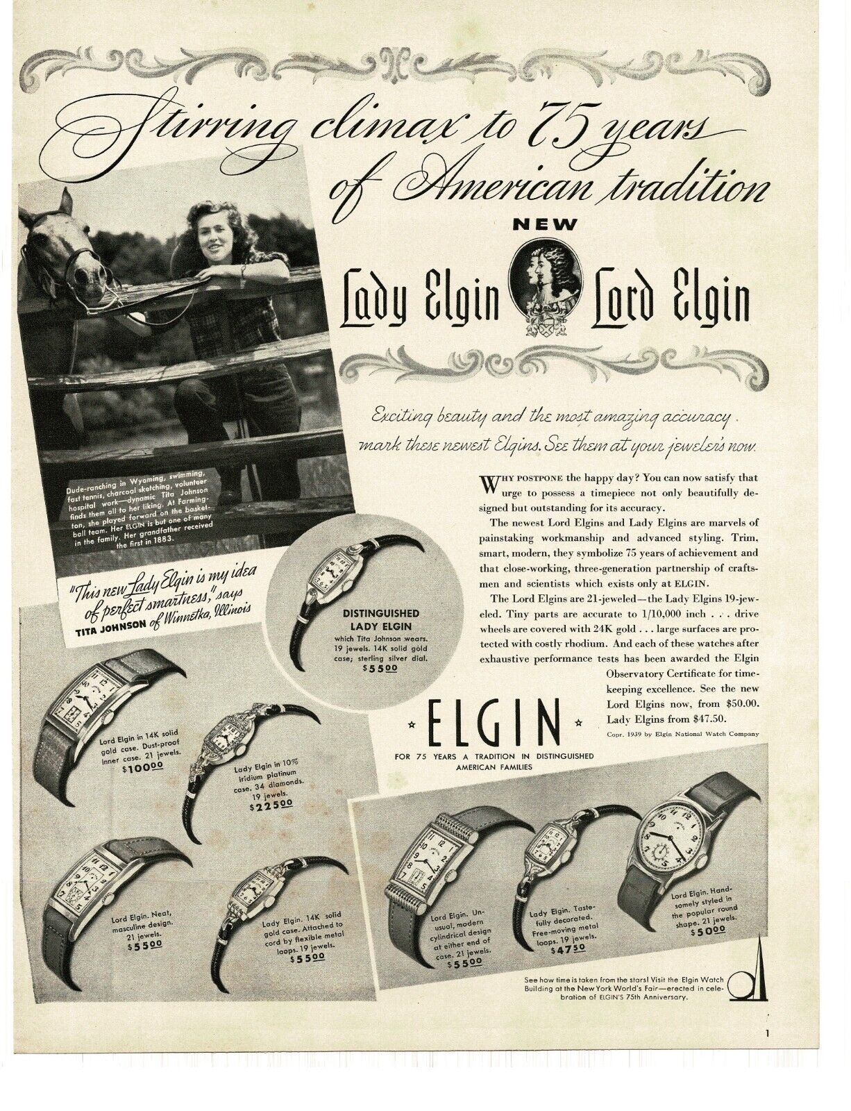 1939 Elgin Watches Lord Lady Tita Johnson Wakefield IL horse Vintage Print Ad