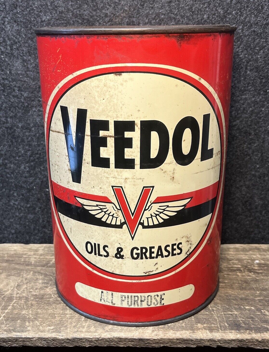 Vtg 1950s VEEDOL All Purpose Grease 5 Lbs Grease Can Oil Can Tin Flying V
