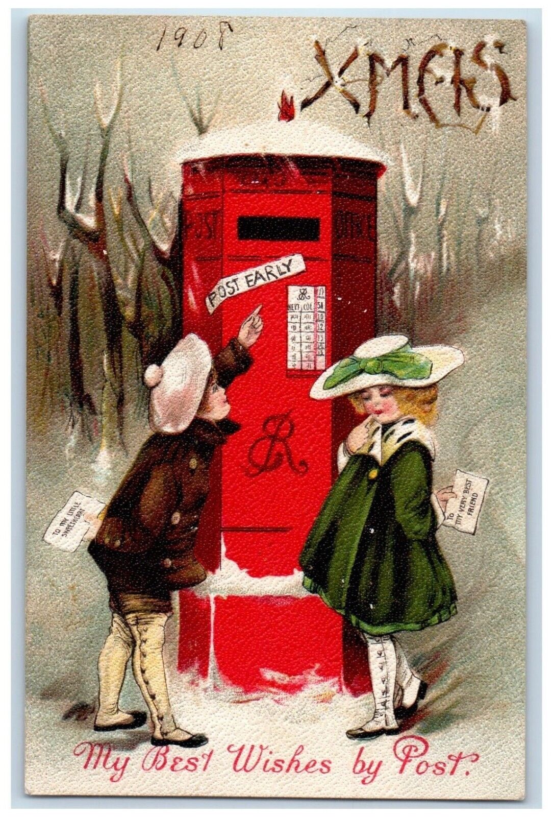 c1910's Christmas Valentine Girl Boy Post Mail Winter Snow Antique Postcard