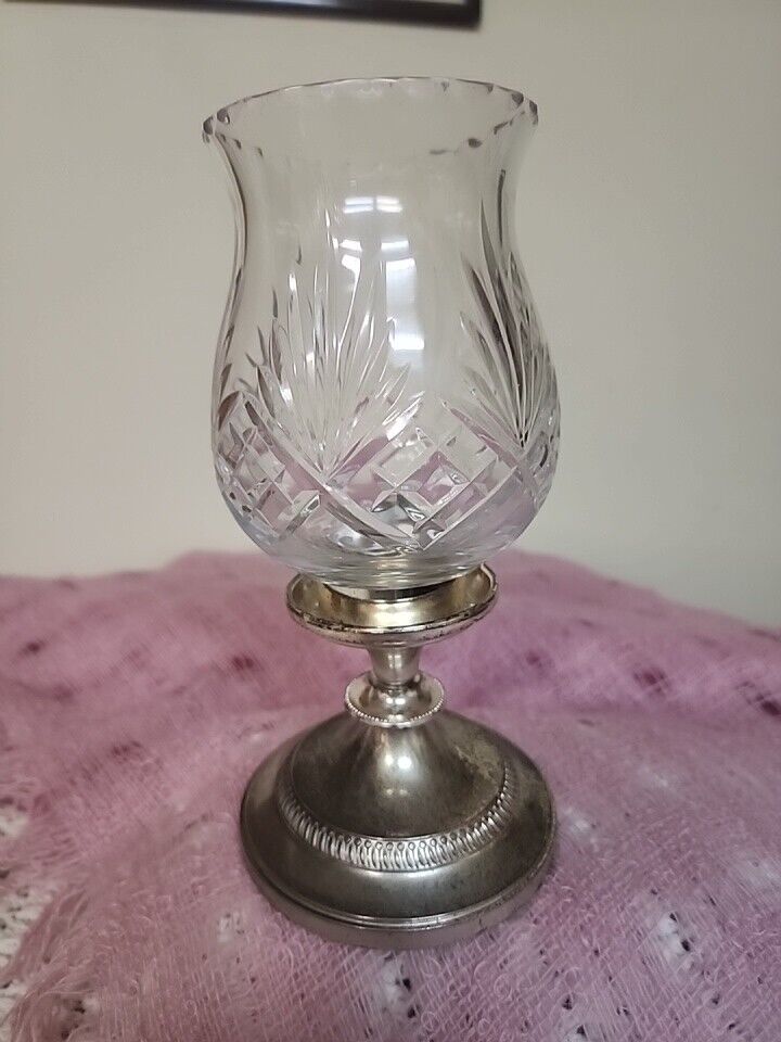 Vintage  Crystal Glass Hurricane Candle Holder Silver Plated Base