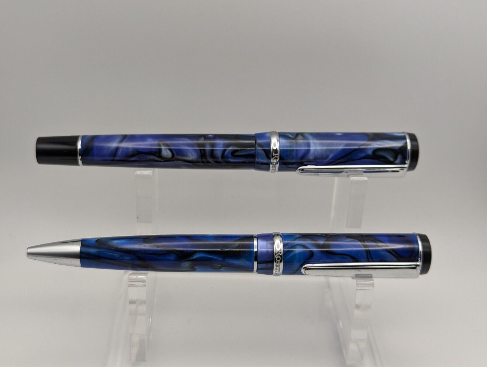 Rosetta Galactic Blue Fountain and Ballpoint Pen Set with Chrome (Pre-Owned)
