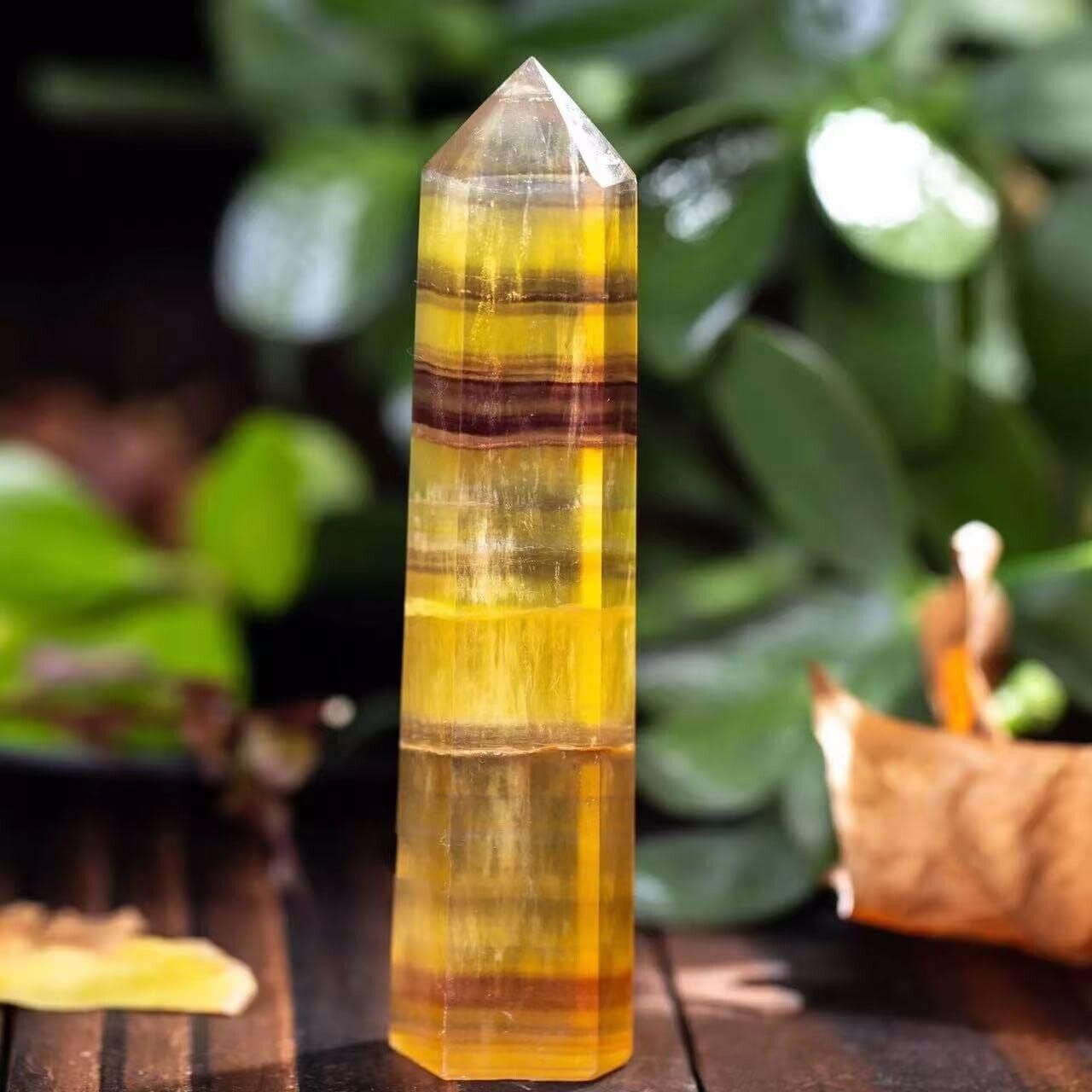 Natural Yellow Fluorite Stone Tower Wand Single Point Obelisk Crystal Decoration