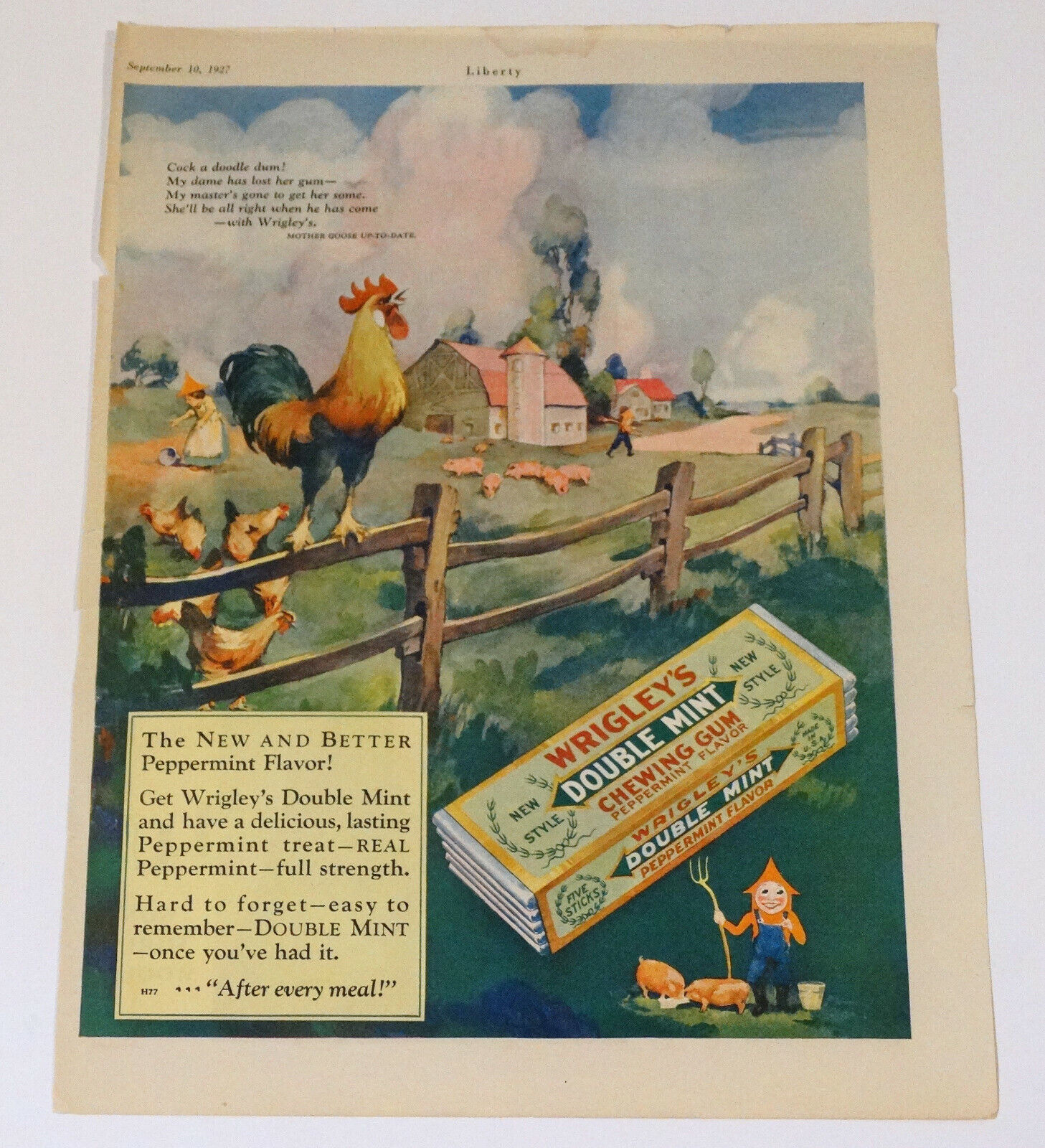1927 Wrigleys Gum Print Ad Original  1920s Rural Rooster Chickens Farm