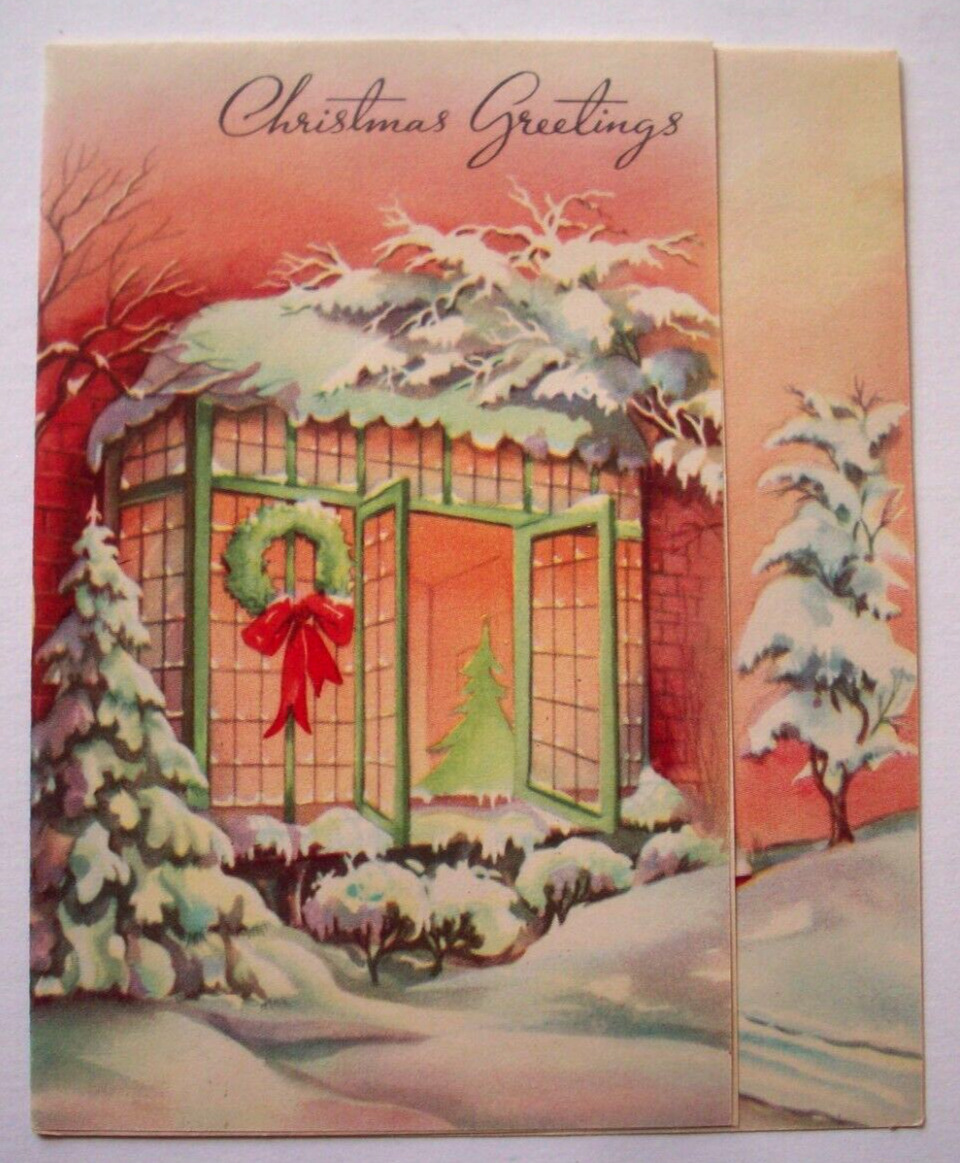 Snowy front Window opens to tree vintage Christmas greeting card *LL10