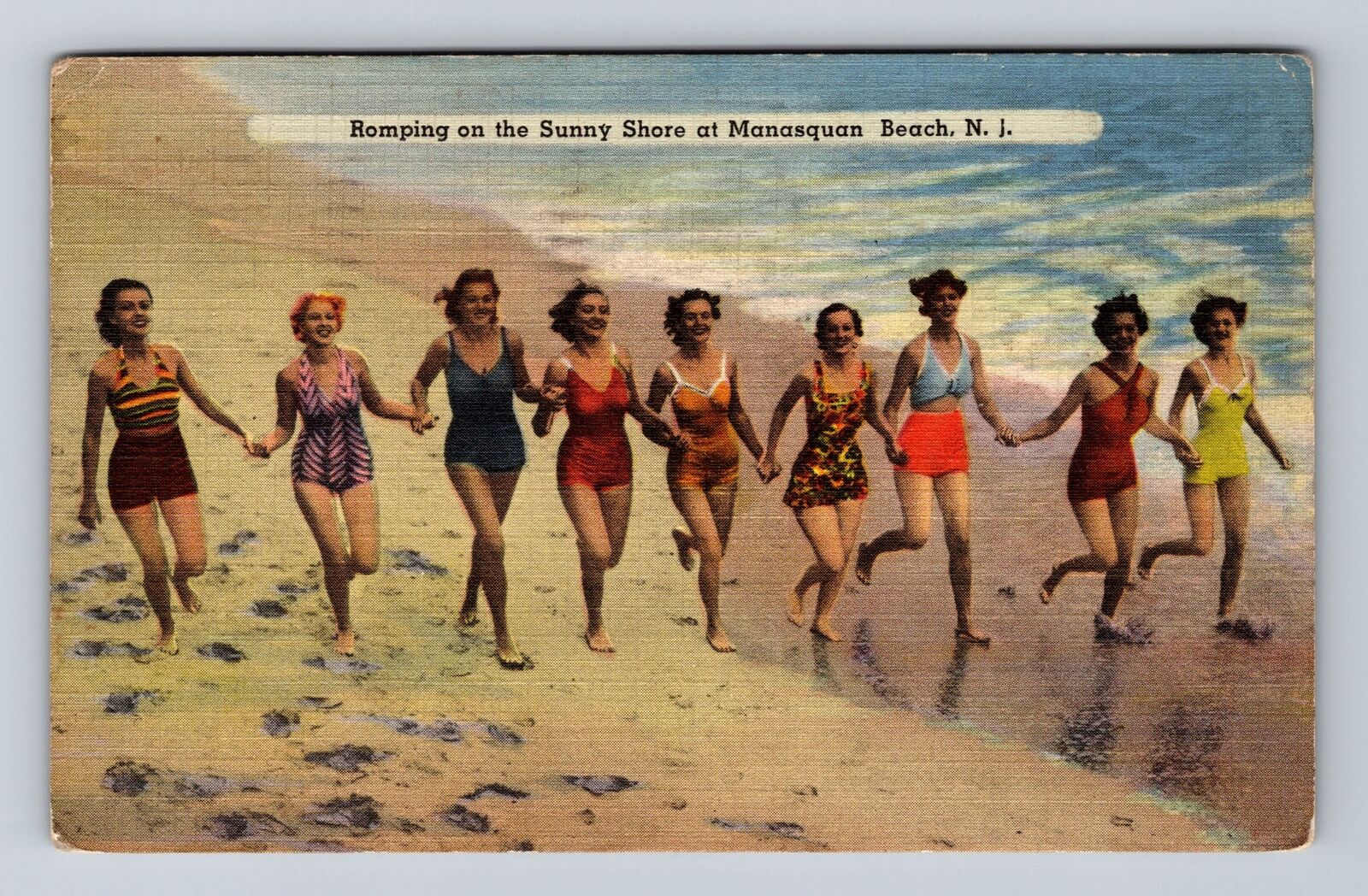 Manasquam Beach NJ-New Jersey, Running On The Beach, Vintage c1942 Postcard