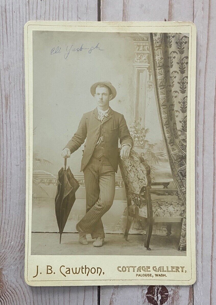Antique Cabinet Card Photo Identified Young Man Holding Umbrella Palouse, Wa
