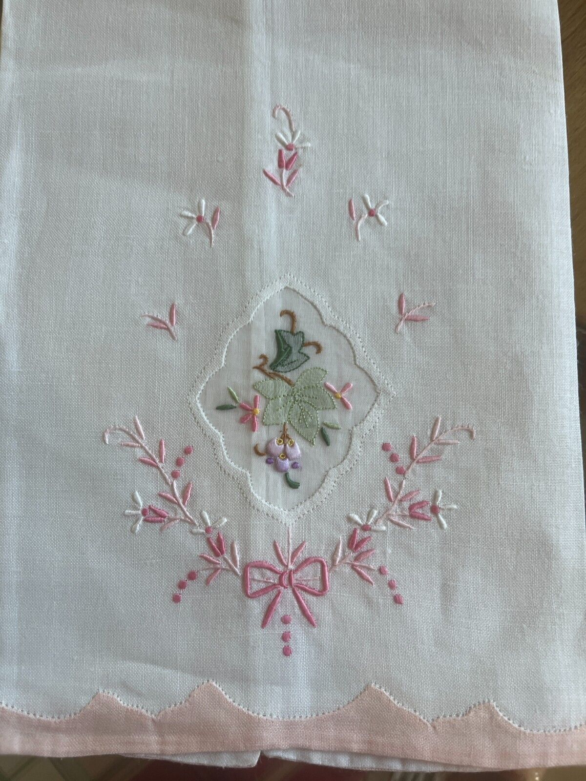 Linen Towel Organdy Flower Applique Embroidered Hand Made Show Pink Edge Vintage