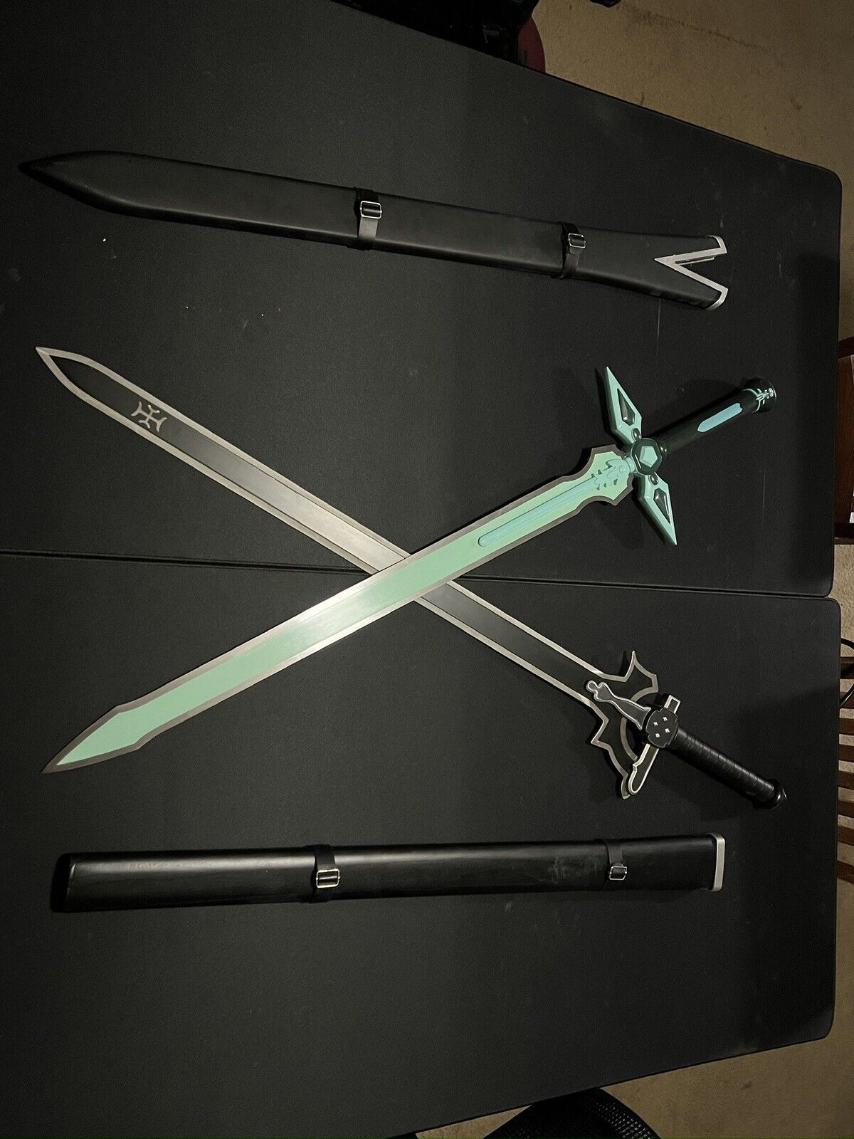 Elucidator and Dark Repulser Steel Swords with Back Harness and Display Stands