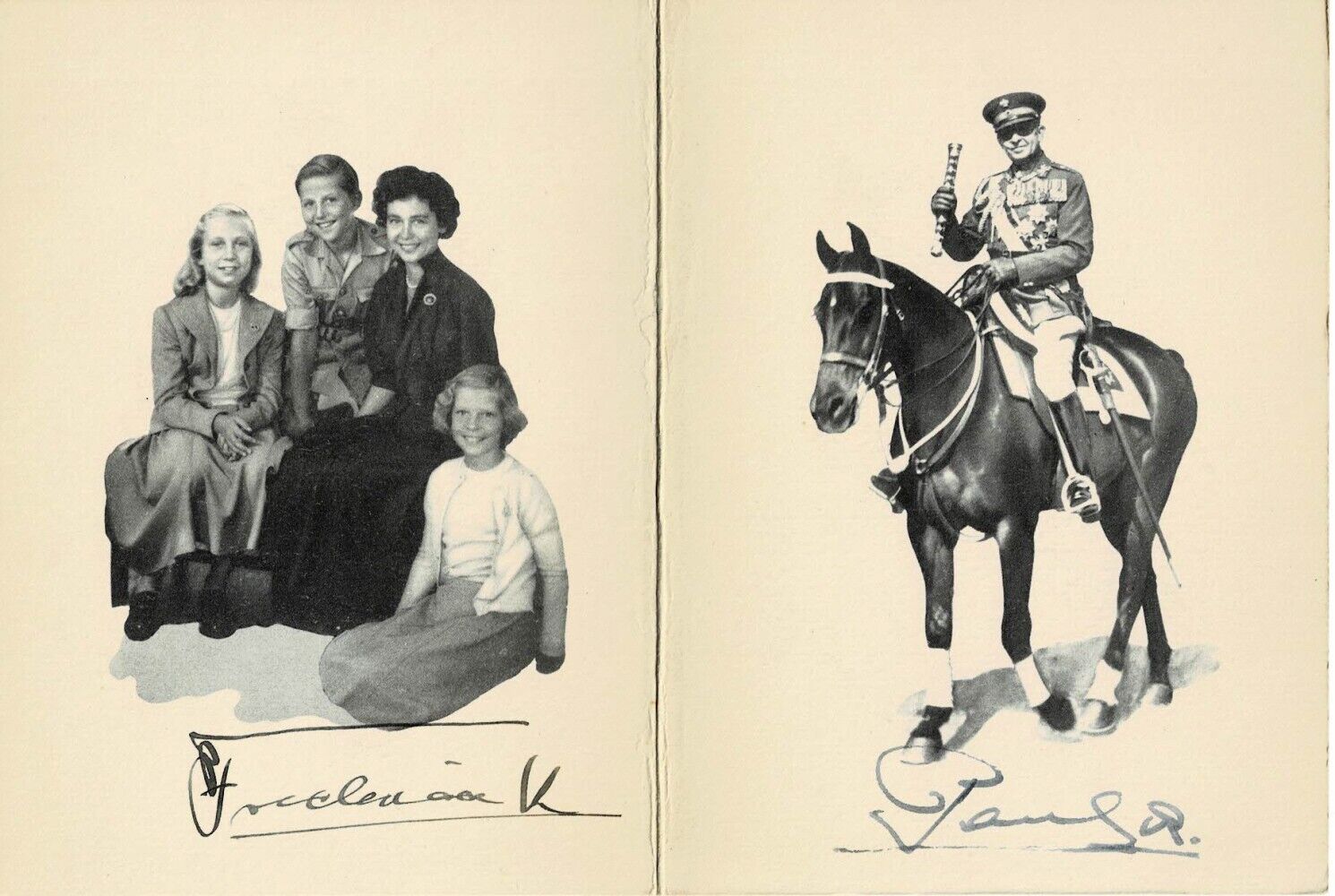 1950s CHRISTMAS CARD w/ PHOTOS SIGNED by KING PAUL of GREECE & FREDERICA HANOVER