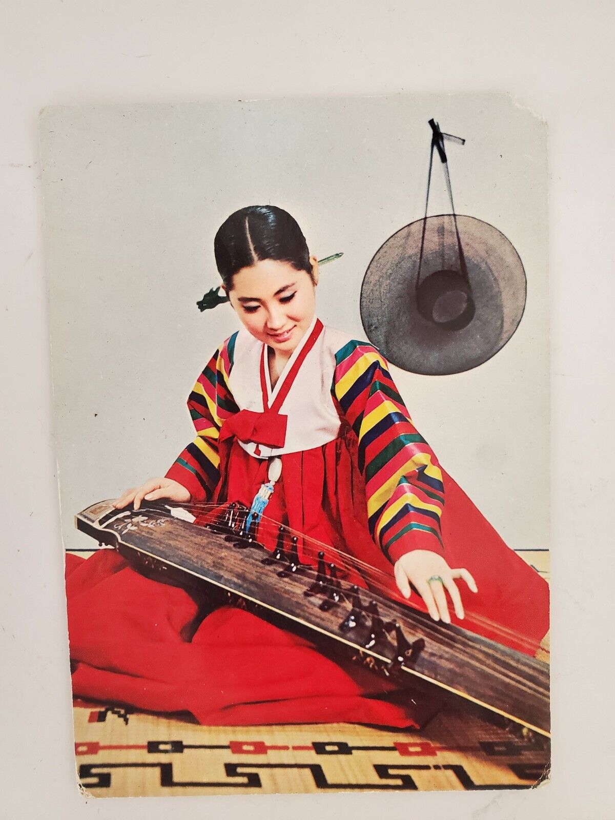 Vintage Post Card Korean Airlines woman playing Kayakum 