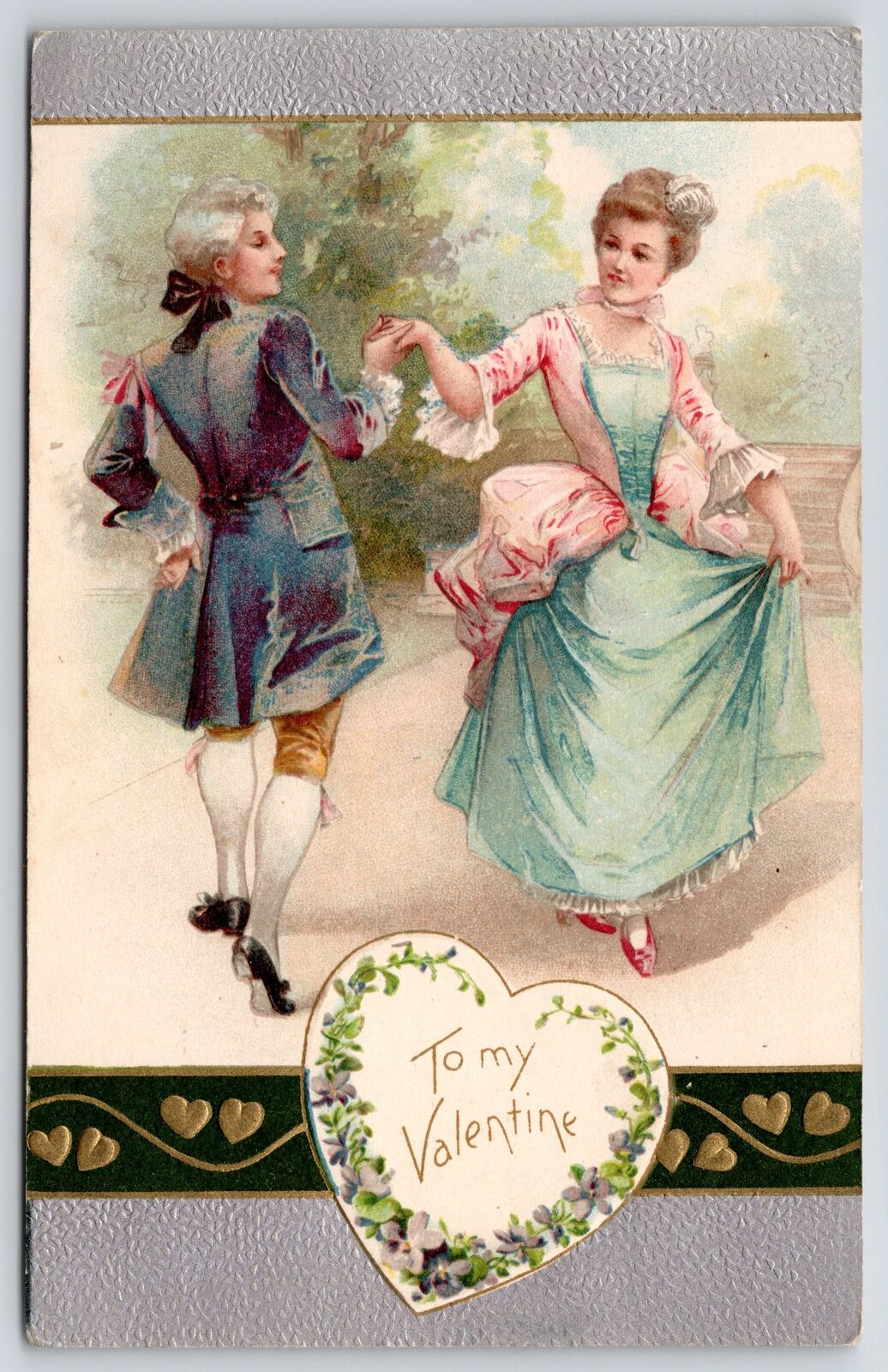 Valentine~Elegant Regency Couple~Lady Gent Minuet~White Heart~Silver Gold Winsch