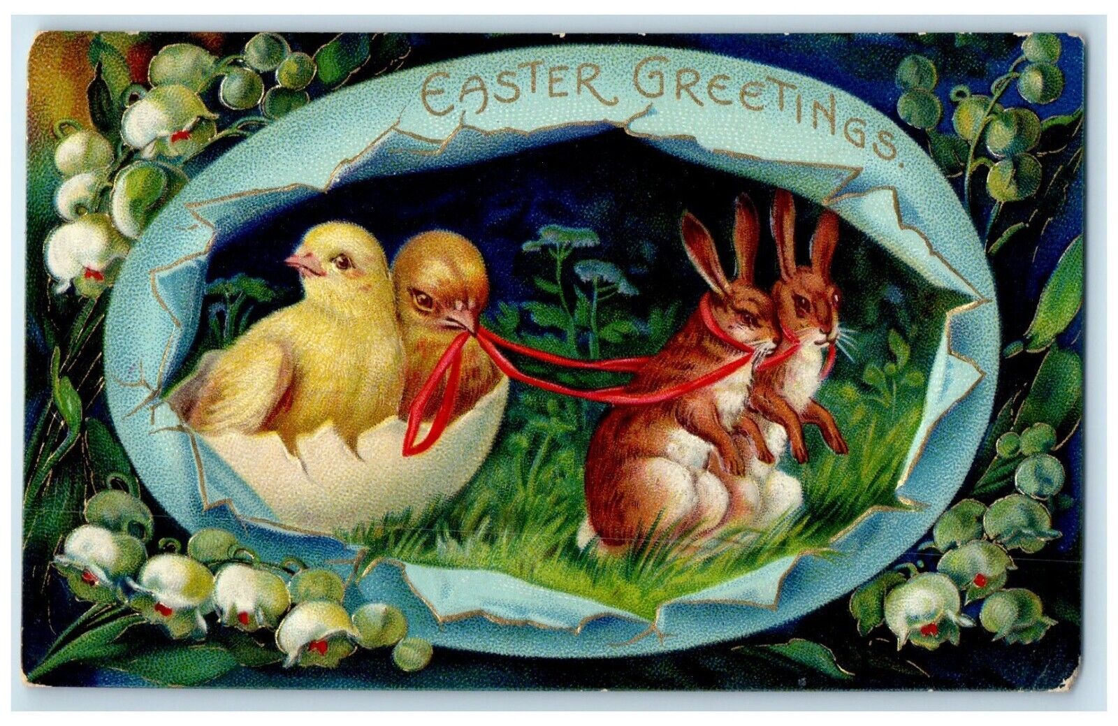 c1910's Easter Greeting Hatched Eggs Chicks Pulling Rabbit Embossed Postcard