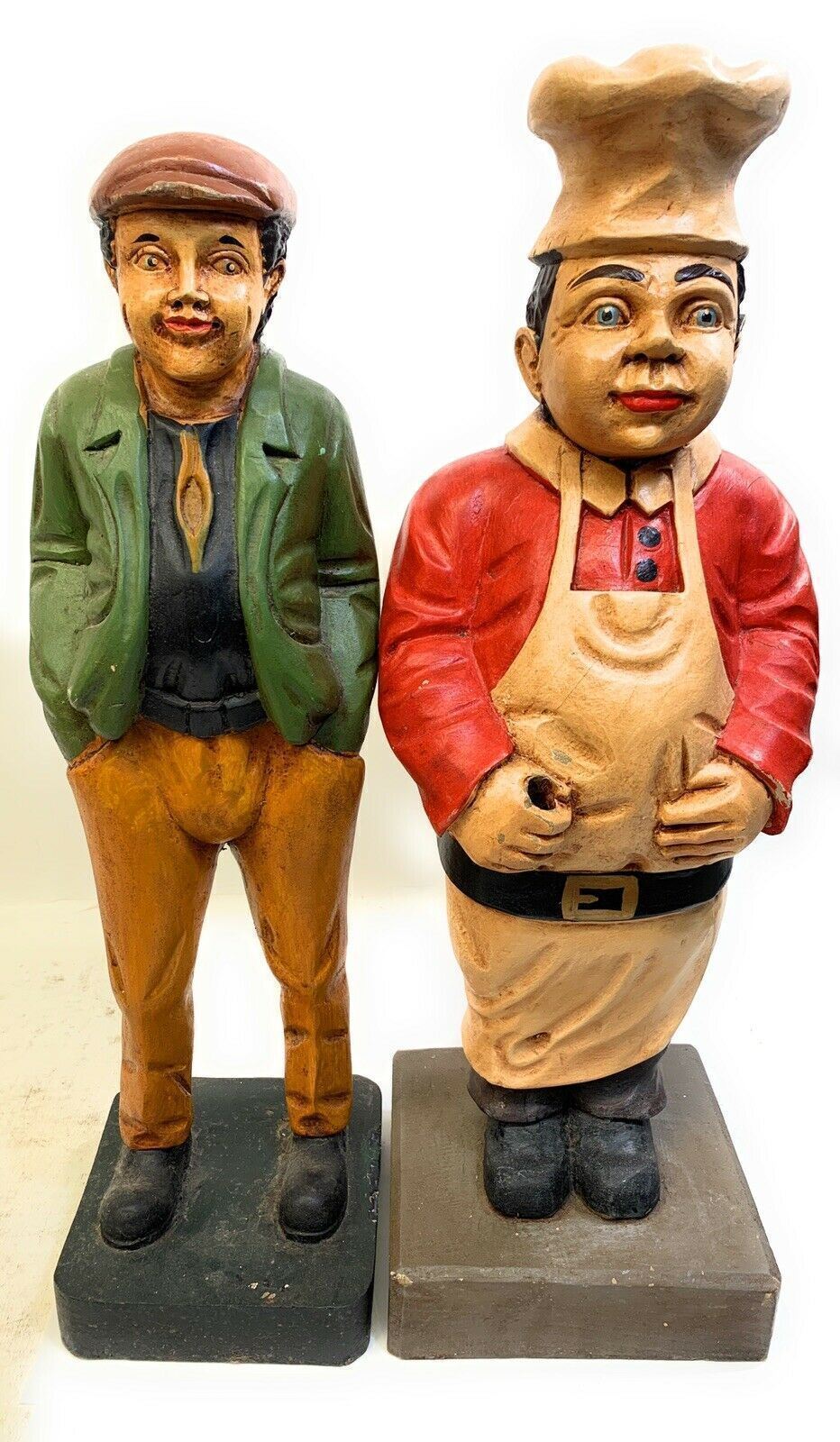 Vintage Carved Wooden Sculptures - Hand Painted & Unmarked - Chef & Business Man