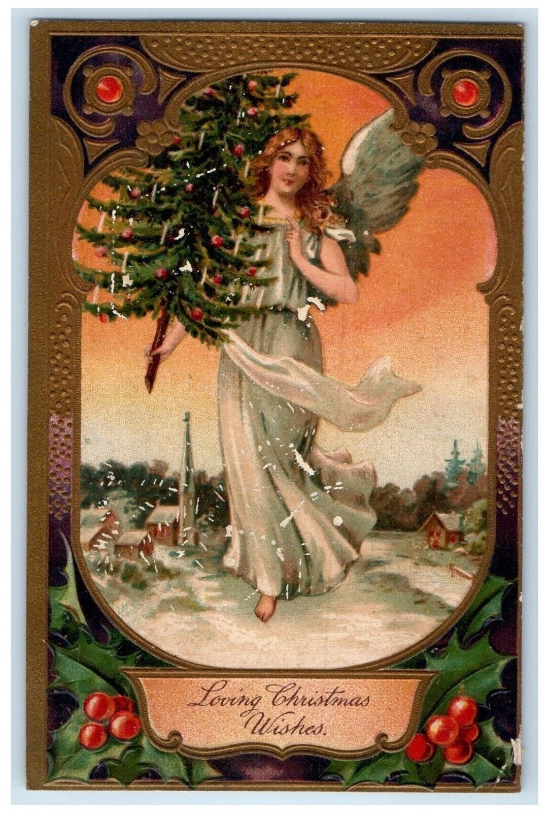 c1910's Christmas Tree Decorated Angel Holly Berries Embossed Antique Postcard