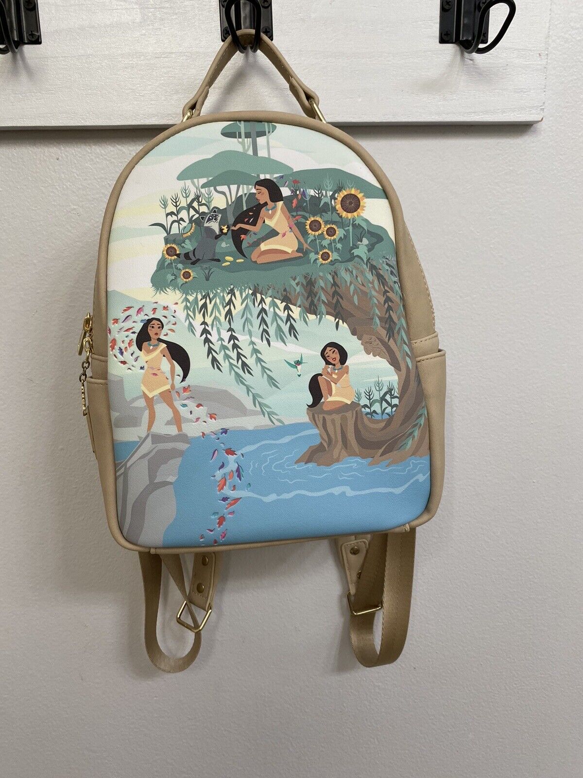 Pocahontas Scene Loungefly Mini Backpack Purse Disney Color: Beige and Teal