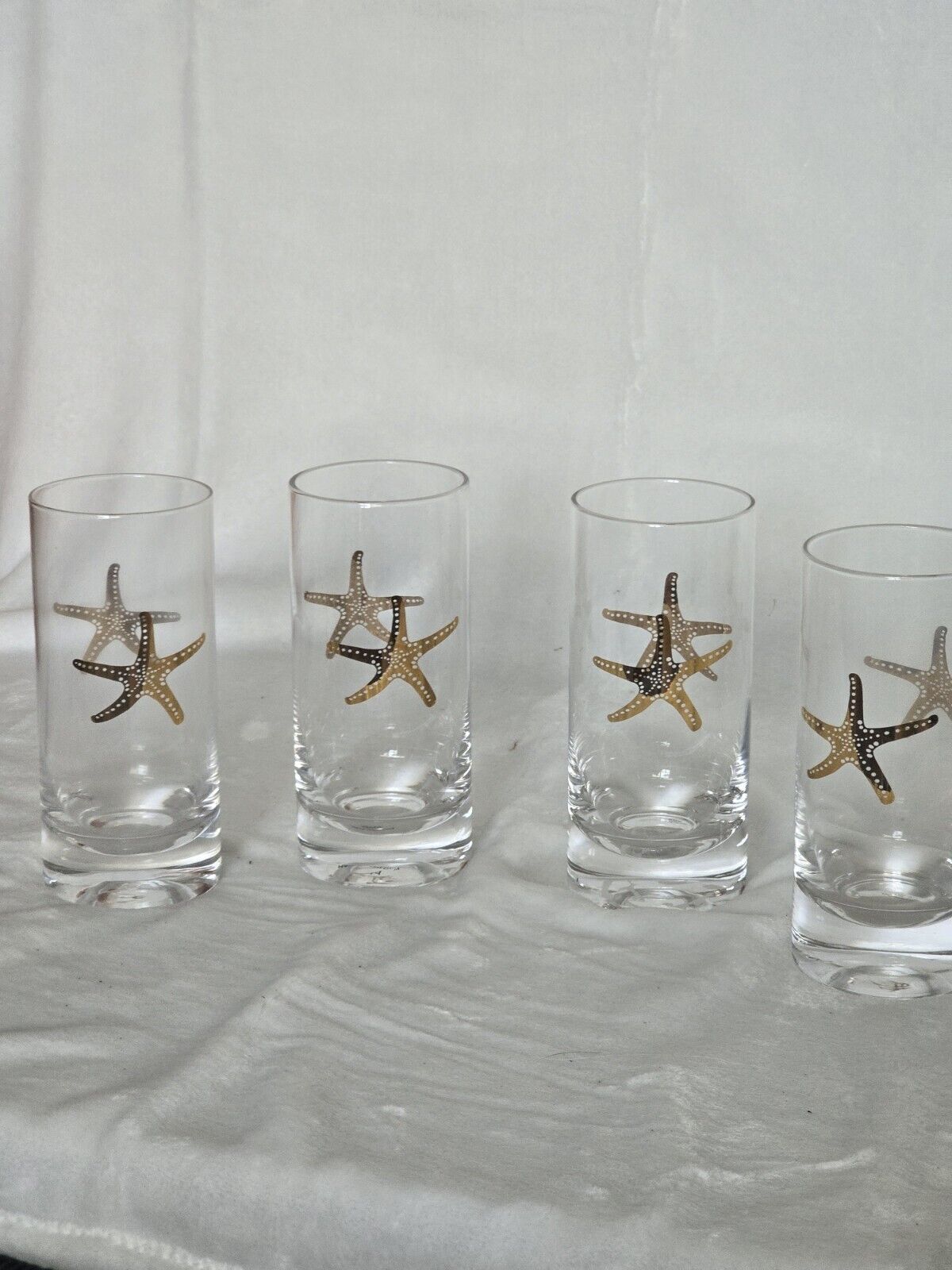 Tall Heavy Bottom Glasses Clear with  Real Gold Starfish Designs Set of 4
