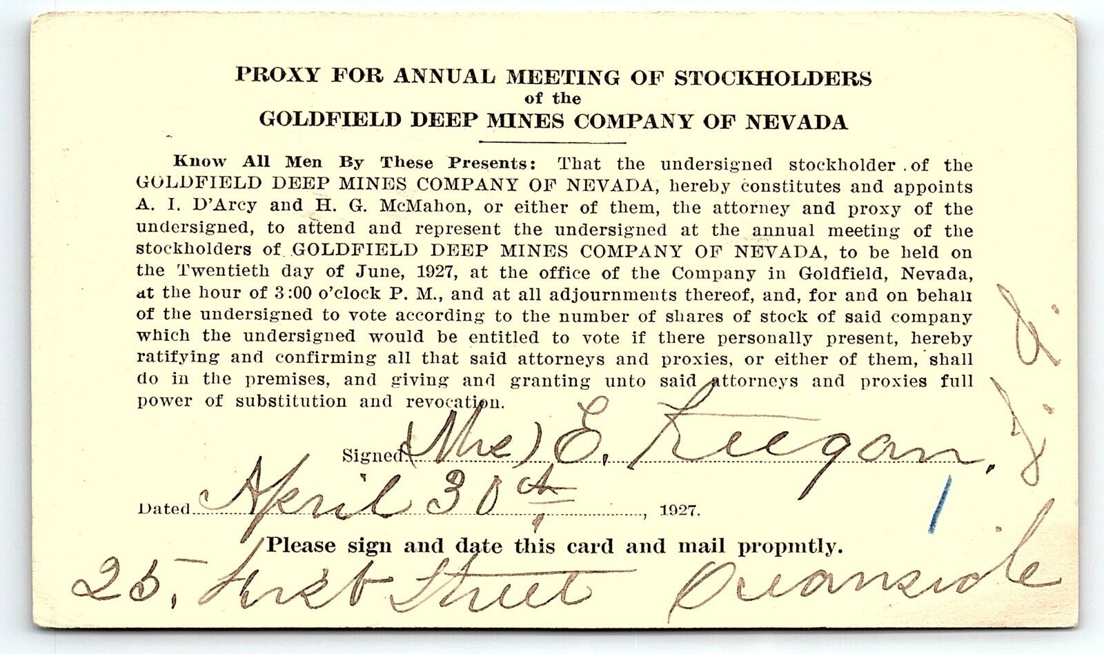 1927 GOLDFIELD DEEP MINES OF NEVADA JUNE MEETING STOCKHOLDERS POSTCARD P1915