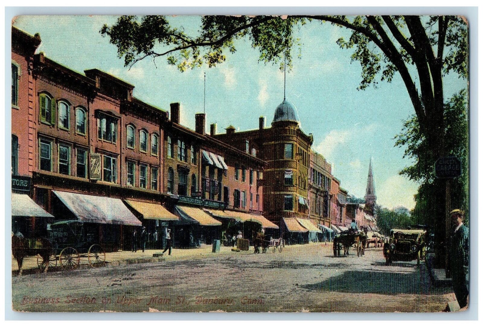 1909 Business Sector Upper Main Street Horse Carriage Cars Danbury CT Postcard