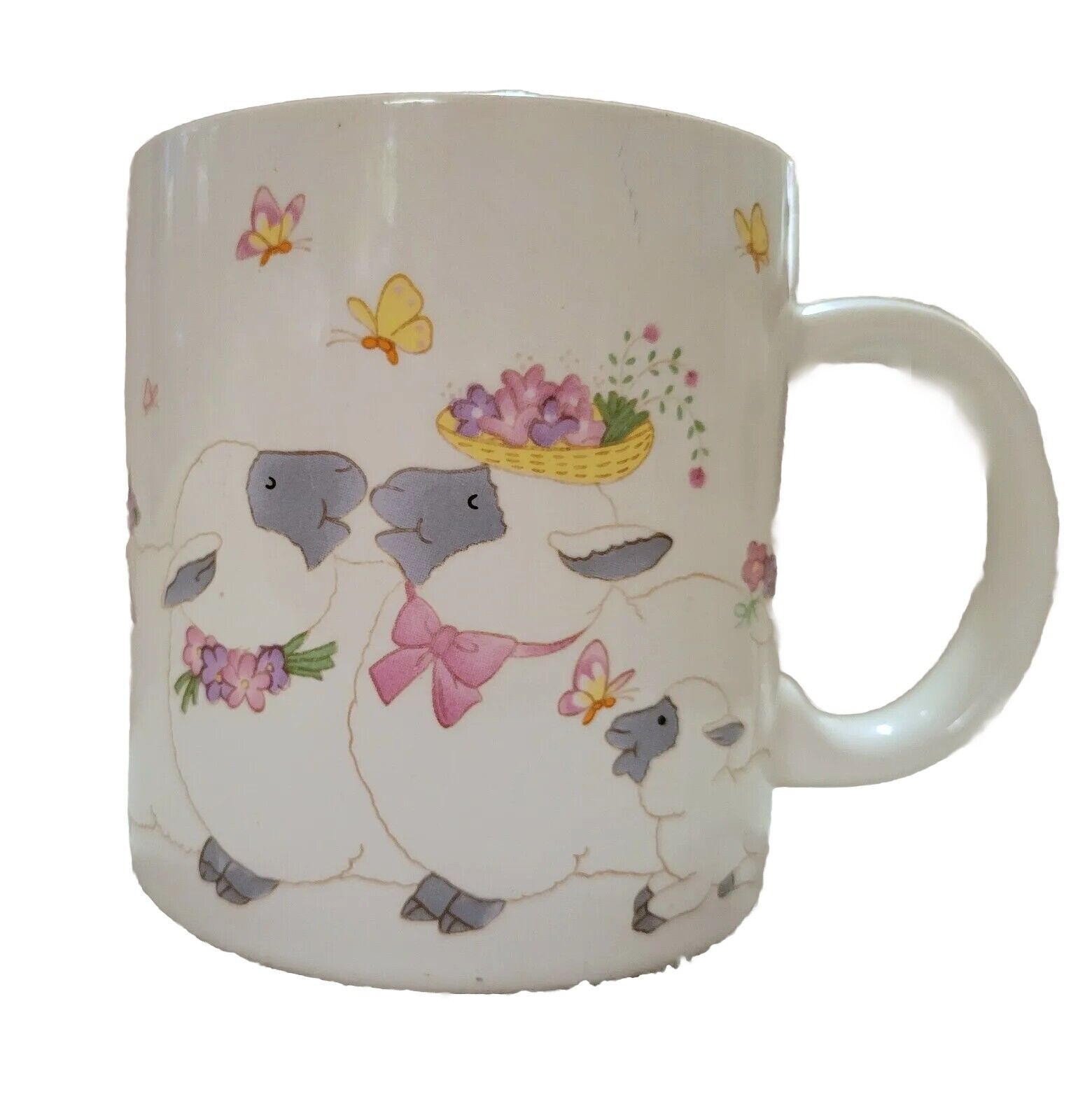 Vintage Spring Coffee Mug Sheep Lambs Butterflies Pastel Applause Korea 1986 