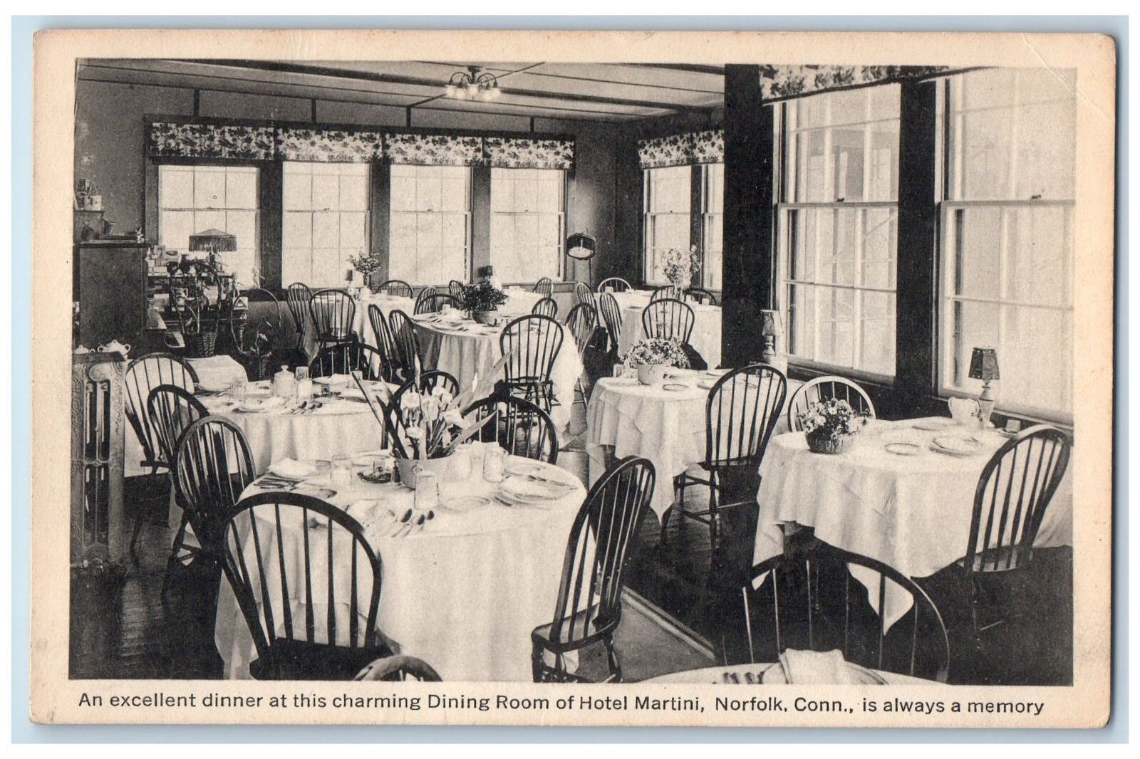 c1920's An Excellent Dinner Dining Room Hotel Martini Norfolk Conn. CT Postcard