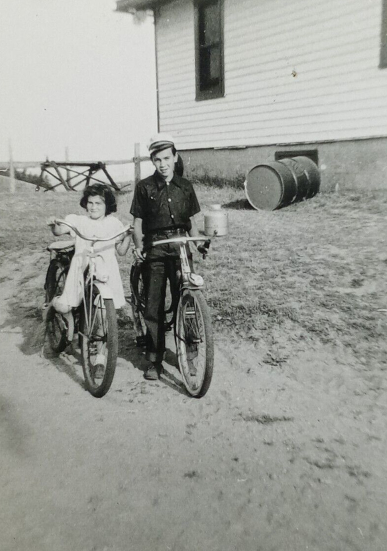 c.1940's Brother Sister Bicycle Home Country Farm Fashion Vintage Photograph