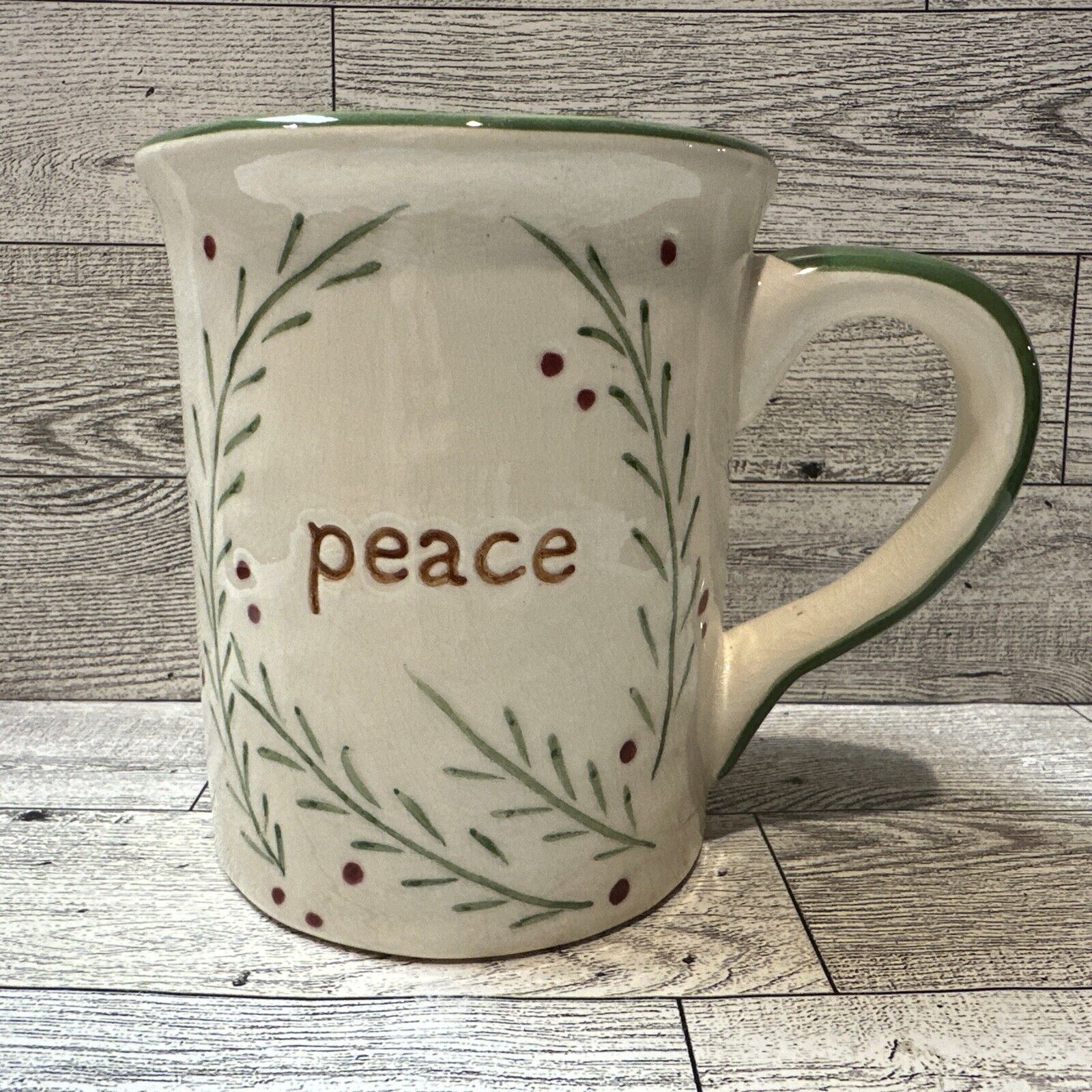 RUSS Hand Painted Crackled Peace Coffee Mug 4.75x4” Holiday Christmas