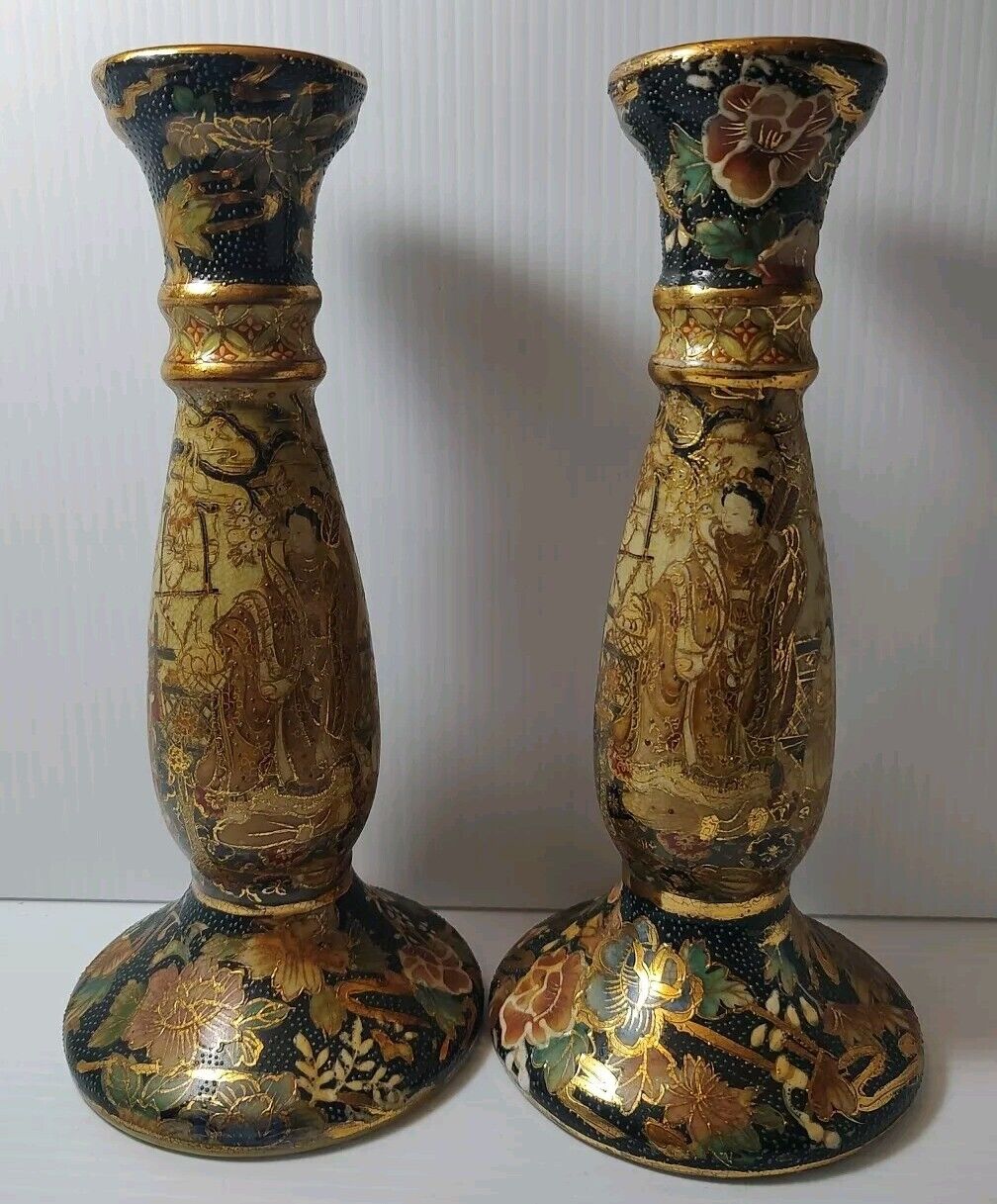 Vintage Pair of Hand Painted Royal Satsuma Candle Holders 10