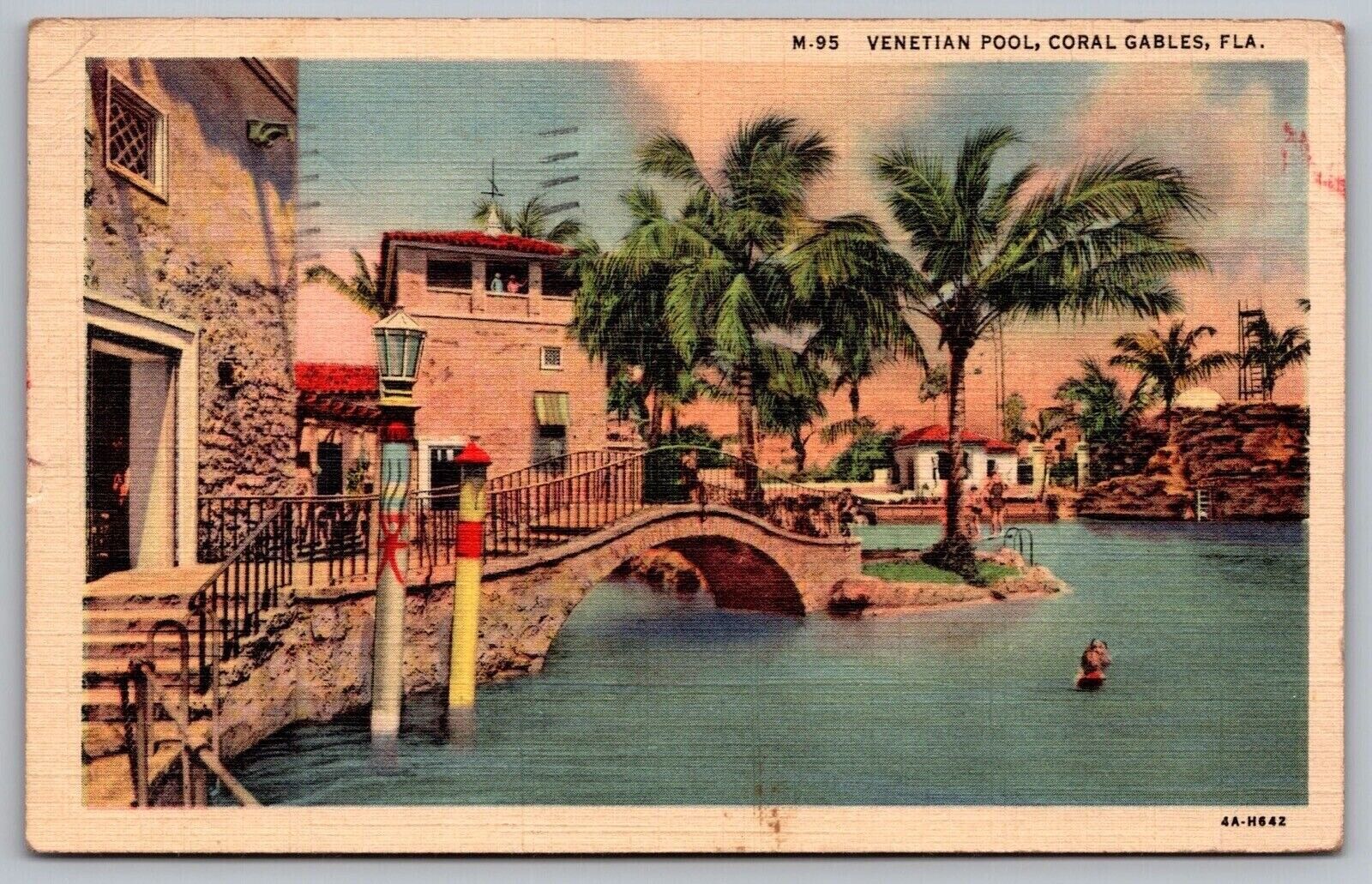 Venetian Pool Coral Gables Miami Florida Cancel 1937 Vintage WOB PM Postcard