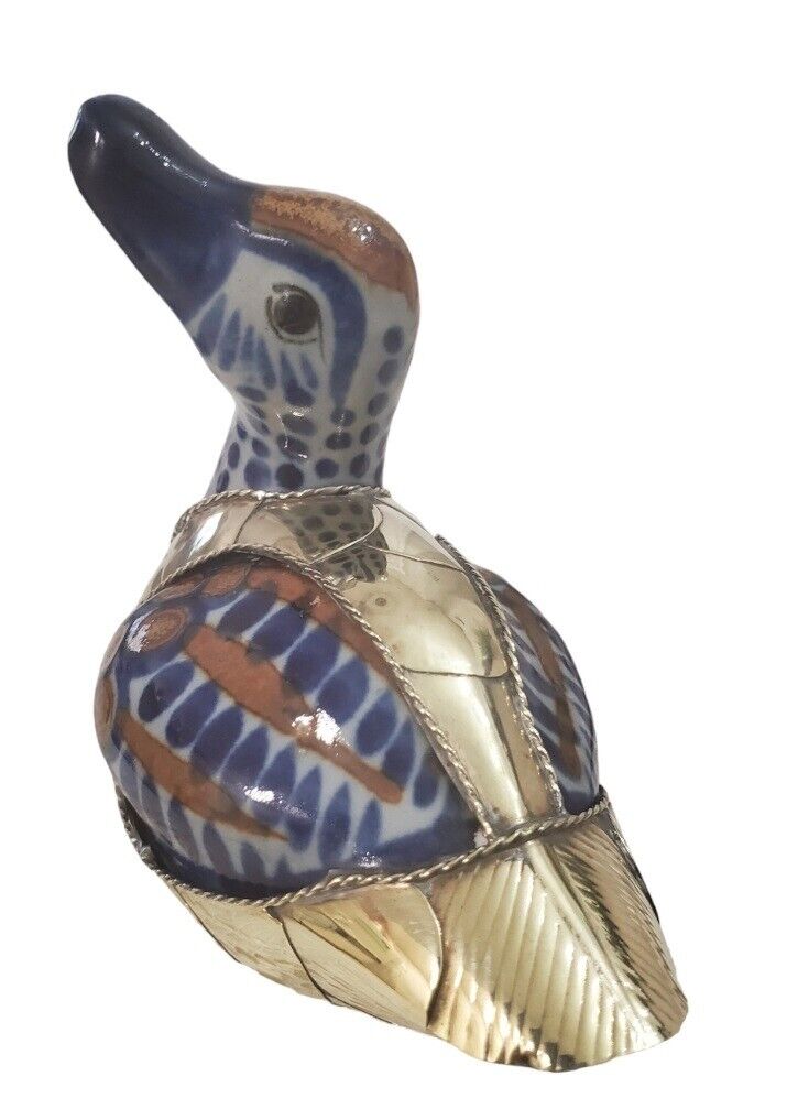 Vtg. Hand Painted Mexican Tonala Glzd Ceramic Pottery Brass  Armor Duck Figurine