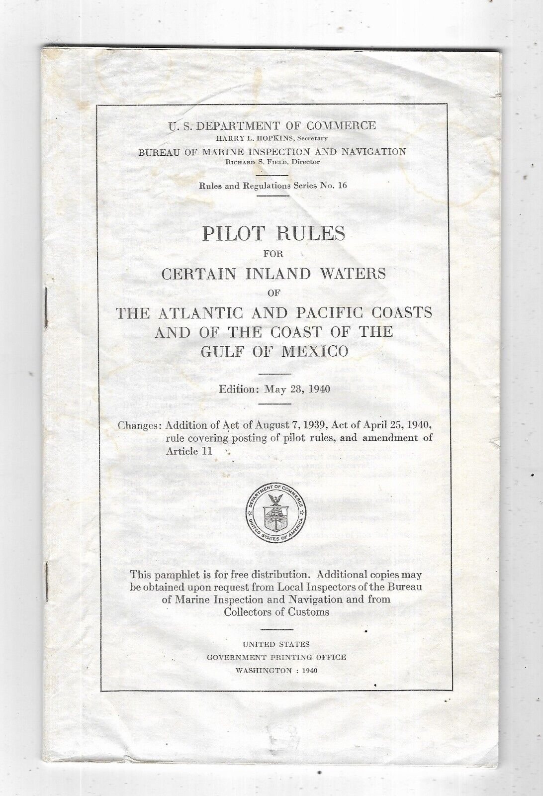 May 28, 1940- Pilot Rules for Certain Inland Waters- 48 pg. US Gov\'t.