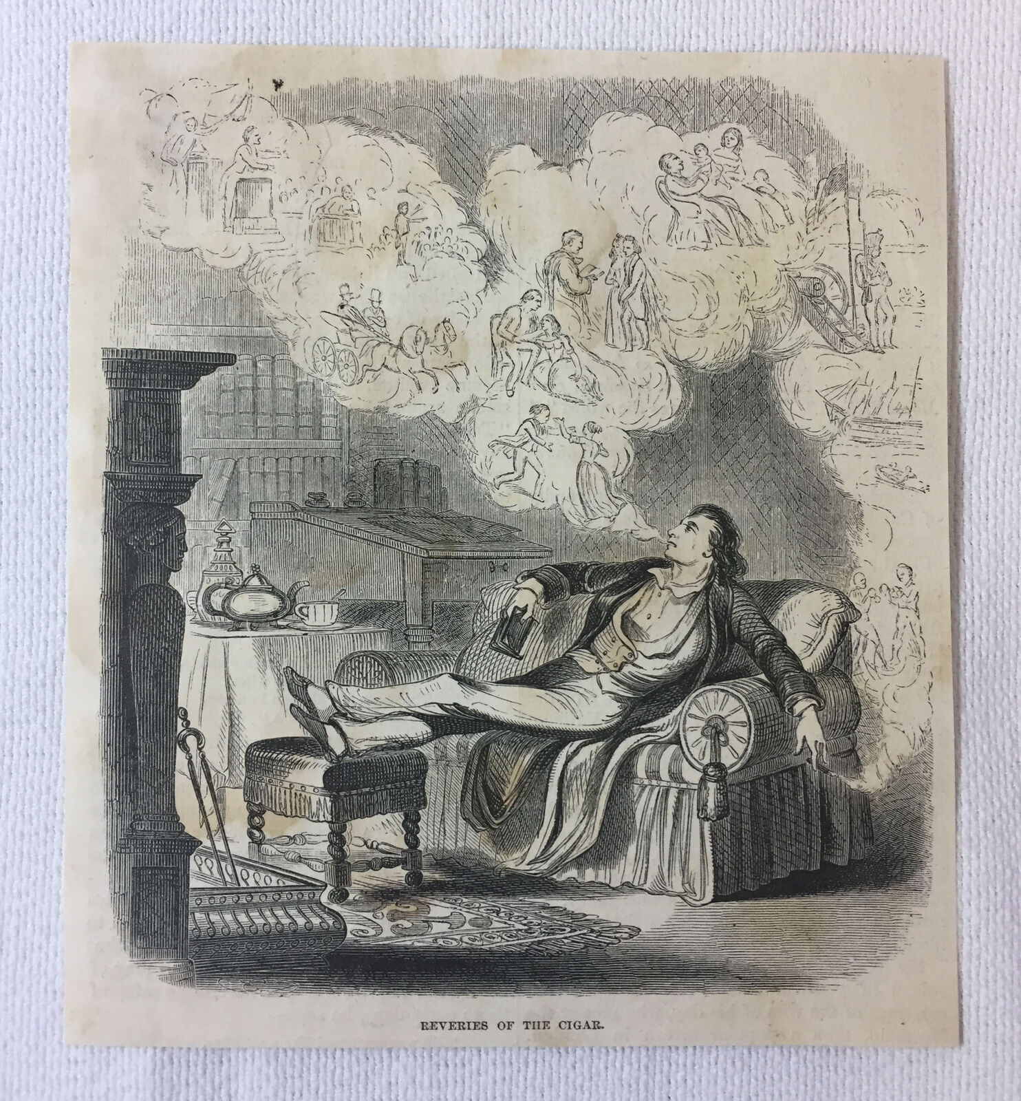1855 magazine engraving ~ REVERIES OF THE CIGAR