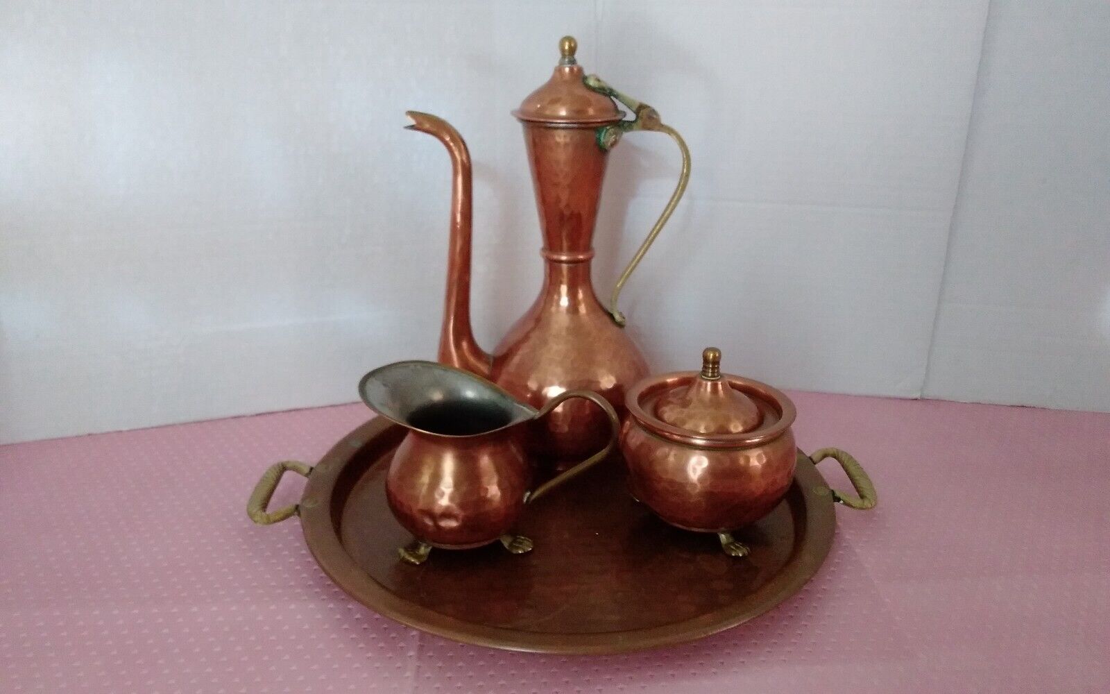 Vintage Hammered Copper Tea/coffee pot Sugar & Creamer Set Rustic Decor