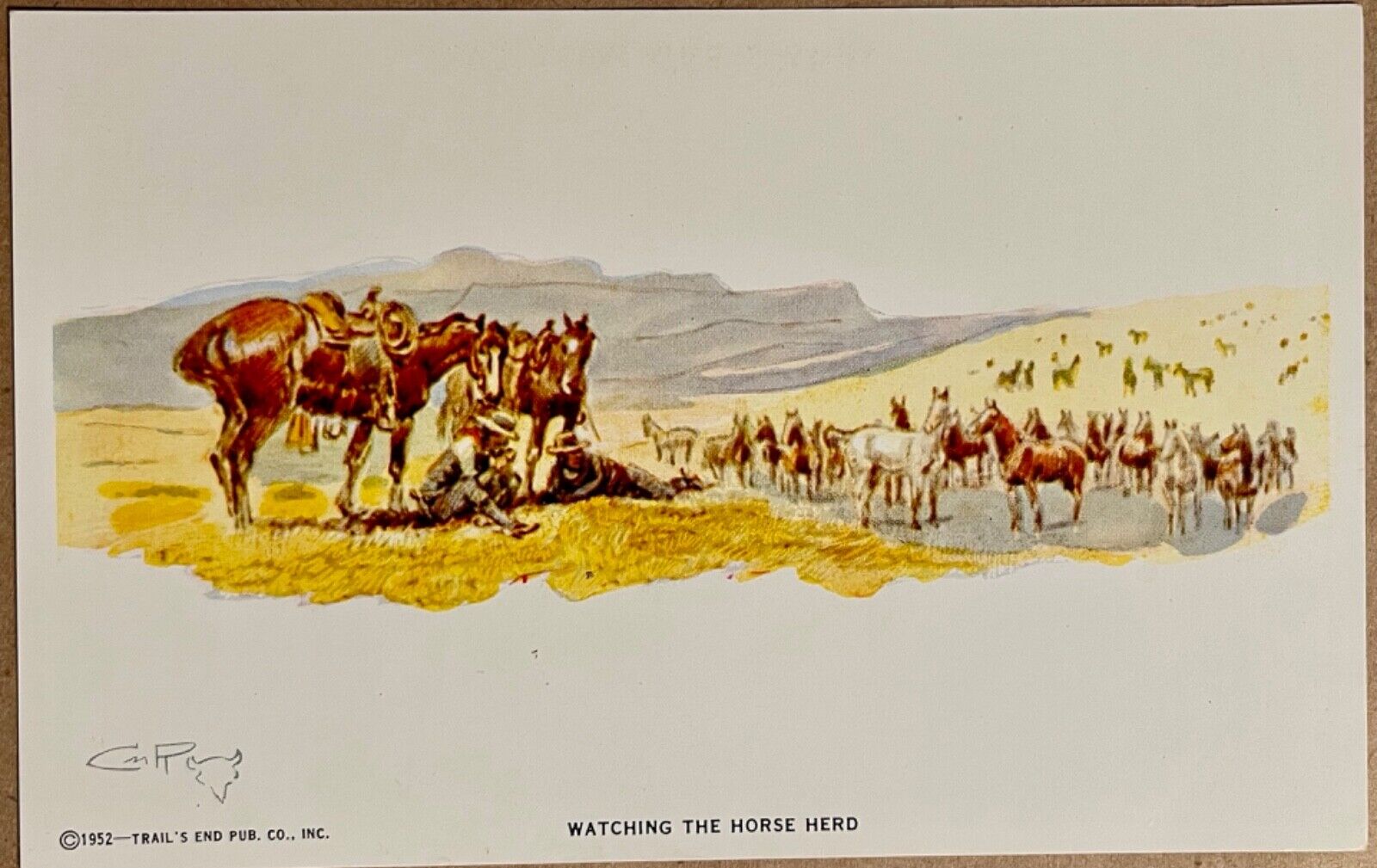 Charles Russell Cowboys Watch Herd of Horses Western Art Postcard 1952