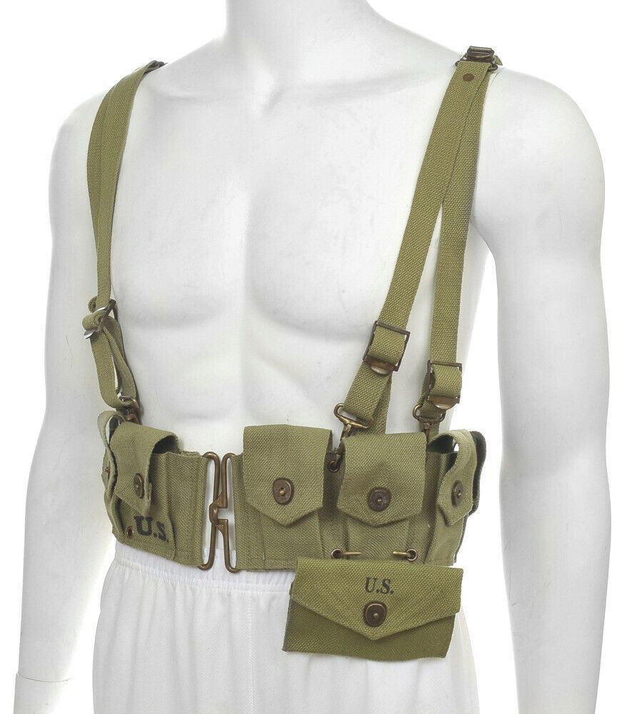 WW2 US M1 Garand M1923 Lt OD Cartridge Belt M1936 Suspenders & First Aid Pouch