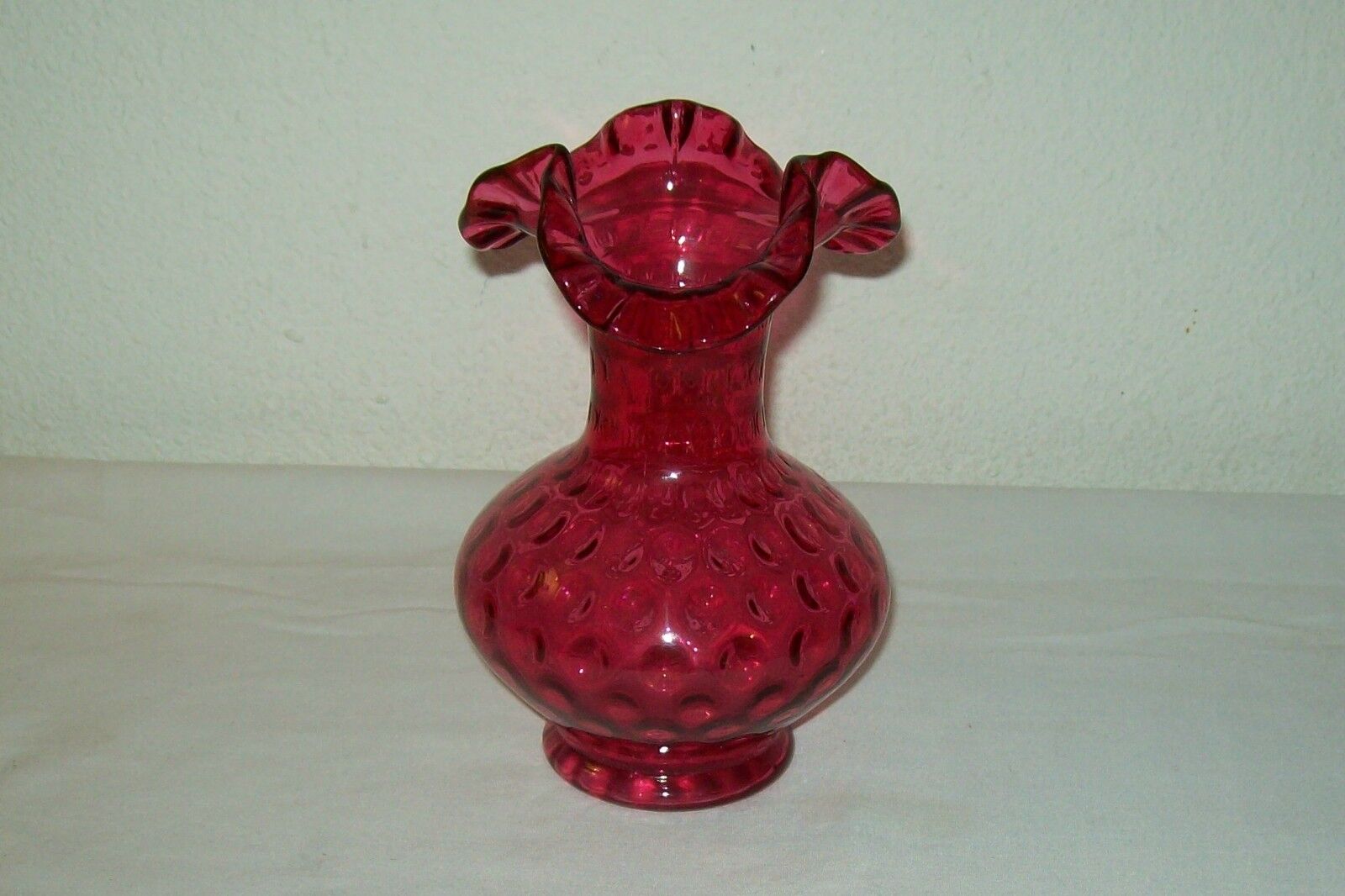 STUNNING CRANBERRY DOT RUFFLED AND CRIMPED TOP VASE