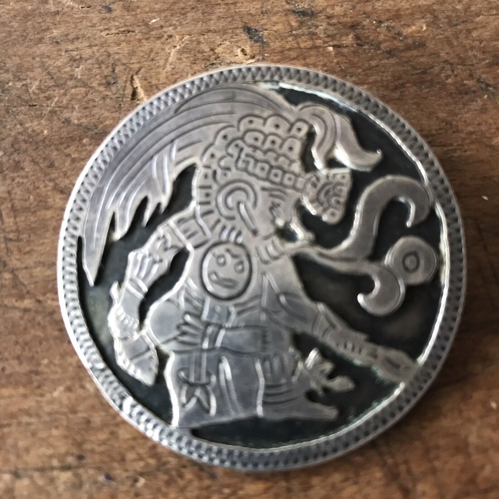 Aztec Mayan Unisex Sterling Quetzalcoatl  Pin Brooch Vtg Round 2” Punched Vtg