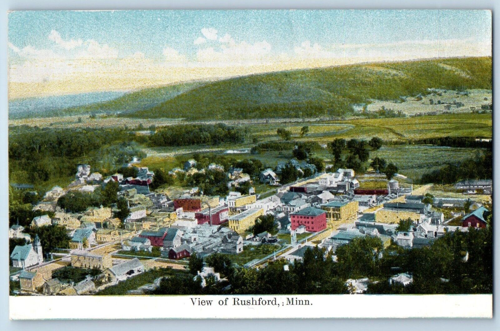 Rushford Minnesota MN Postcard Aerial View City Houses Buildings Mountains 1910