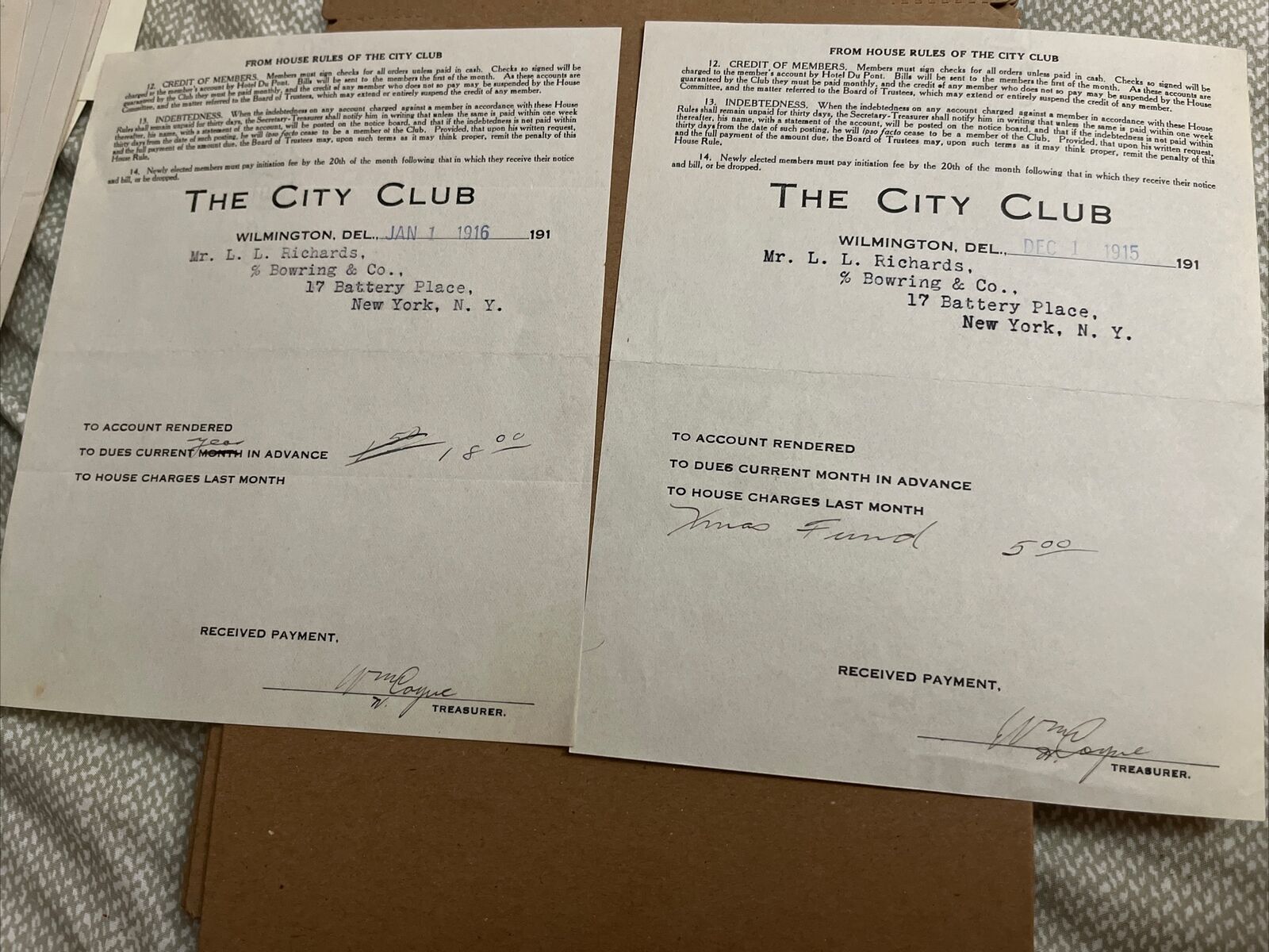 2 Antique 1915/6 Invoices The City Club - Hotel Du Pont - Wilmington Delaware DE