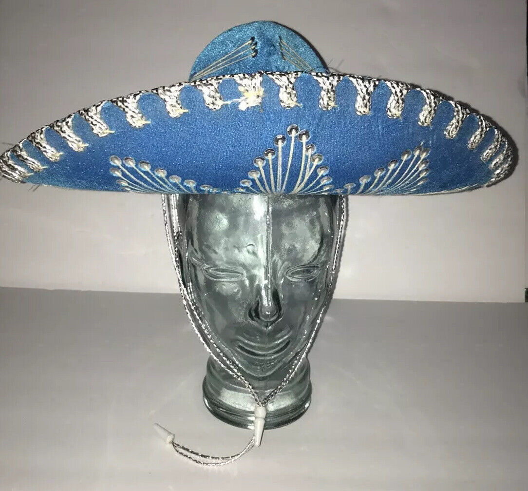 Authentic YOUTH (?) SALAZAR YEPEZ Mexican Sombrero Hat Blue Velvet