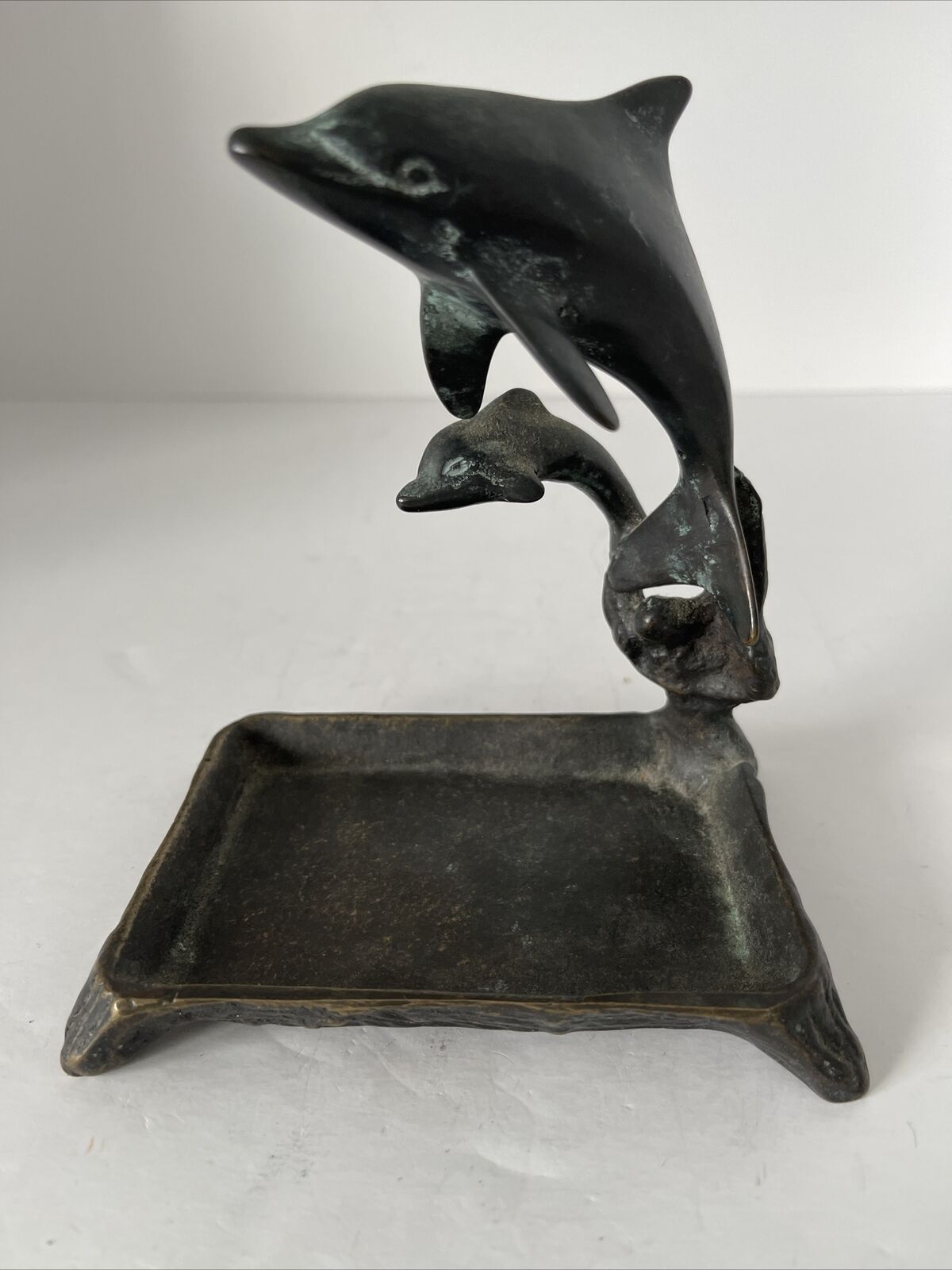 SPI San Pacific Int’l Bronze Brass Leaping Dolphin with Baby Figurine Brass Tray