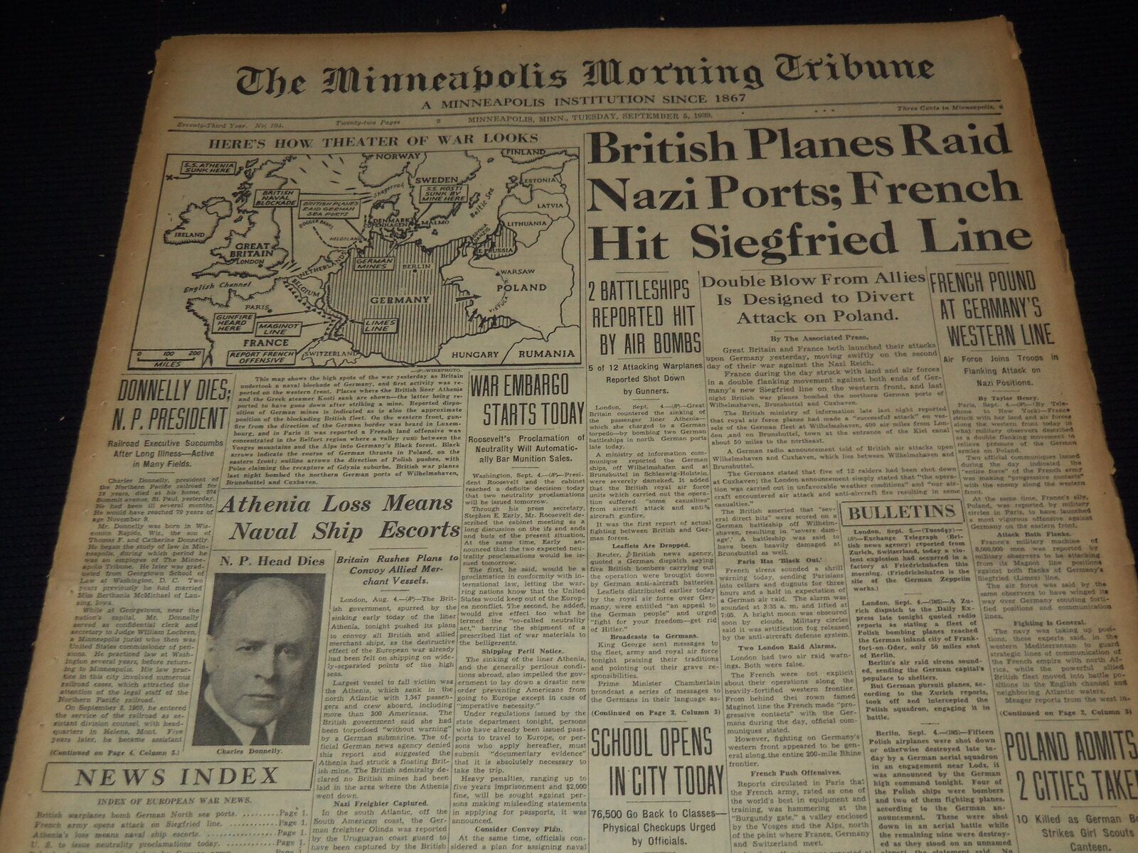 1939 SEPT 5 MINNEAPOLIS MORNING TRIBUNE - BRITISH PLANES RAID NAZI PORT- NT 9521