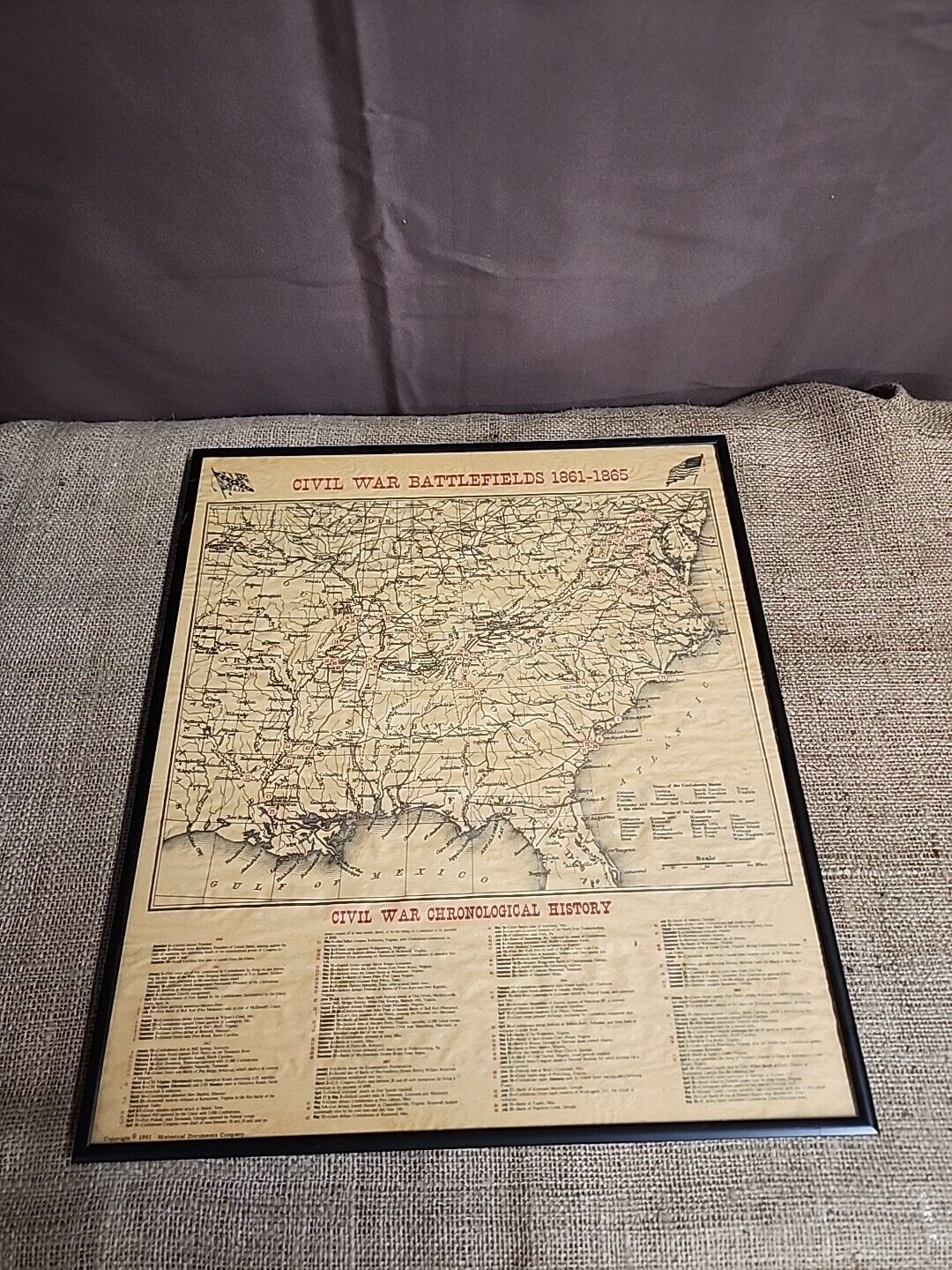 Framed US Civil War Battefields Map 1861-1965 Chronological Antiqued Parchment
