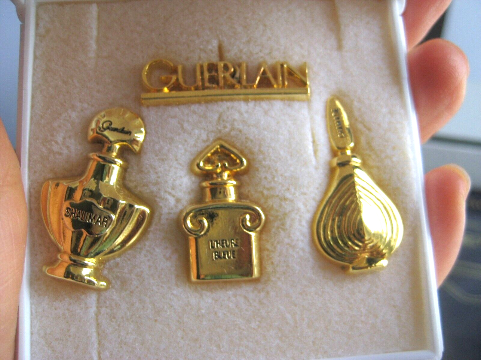 🎁3pc lot Vintage Guerlain PARFUM Perfume pin set L'Heure Bleue Chamade Shalimar