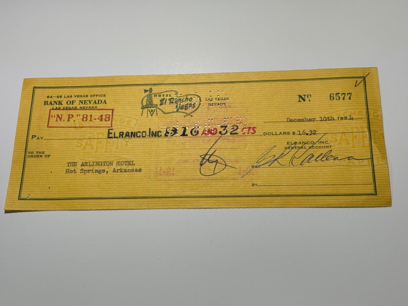 Las Vegas Nevada El Rancho Vegas Canceled Check #5597  $24.50 1954 THE BILLBOARD