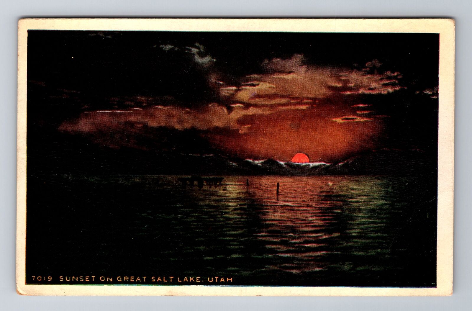 Salt Lake City UT-Utah, Sunset on Great Salt Lake, Antique Vintage Postcard