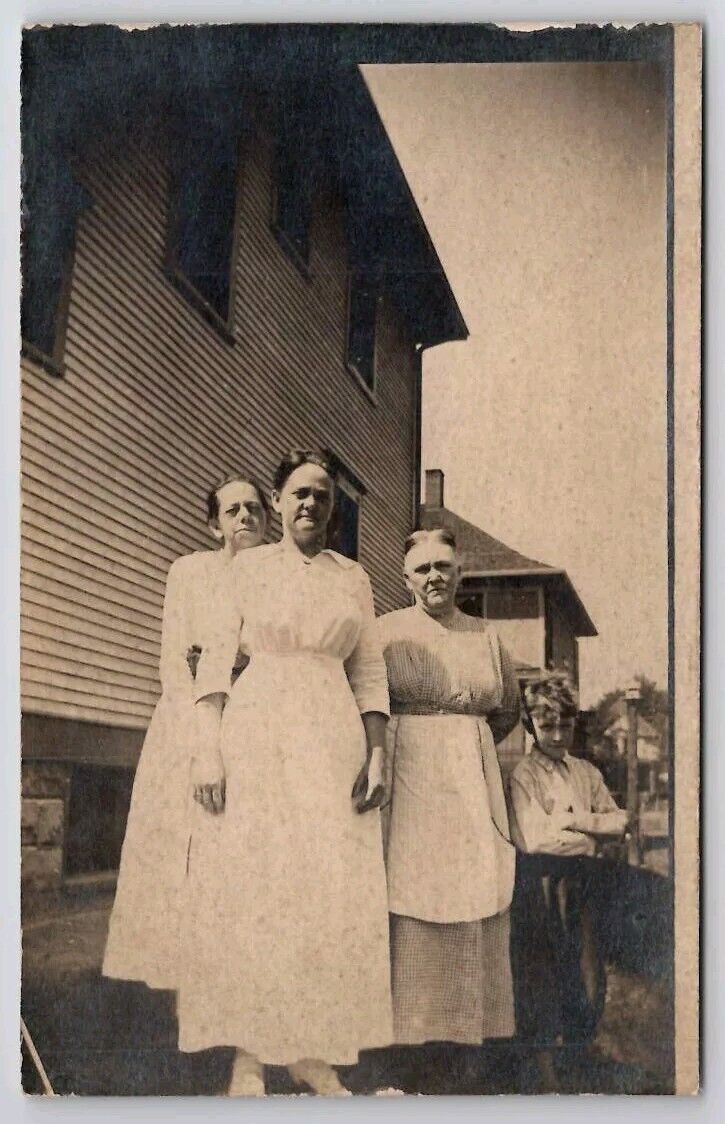 RPPC Three Old Women In Aprons With Small Boy Photo In Yard Postcard C46